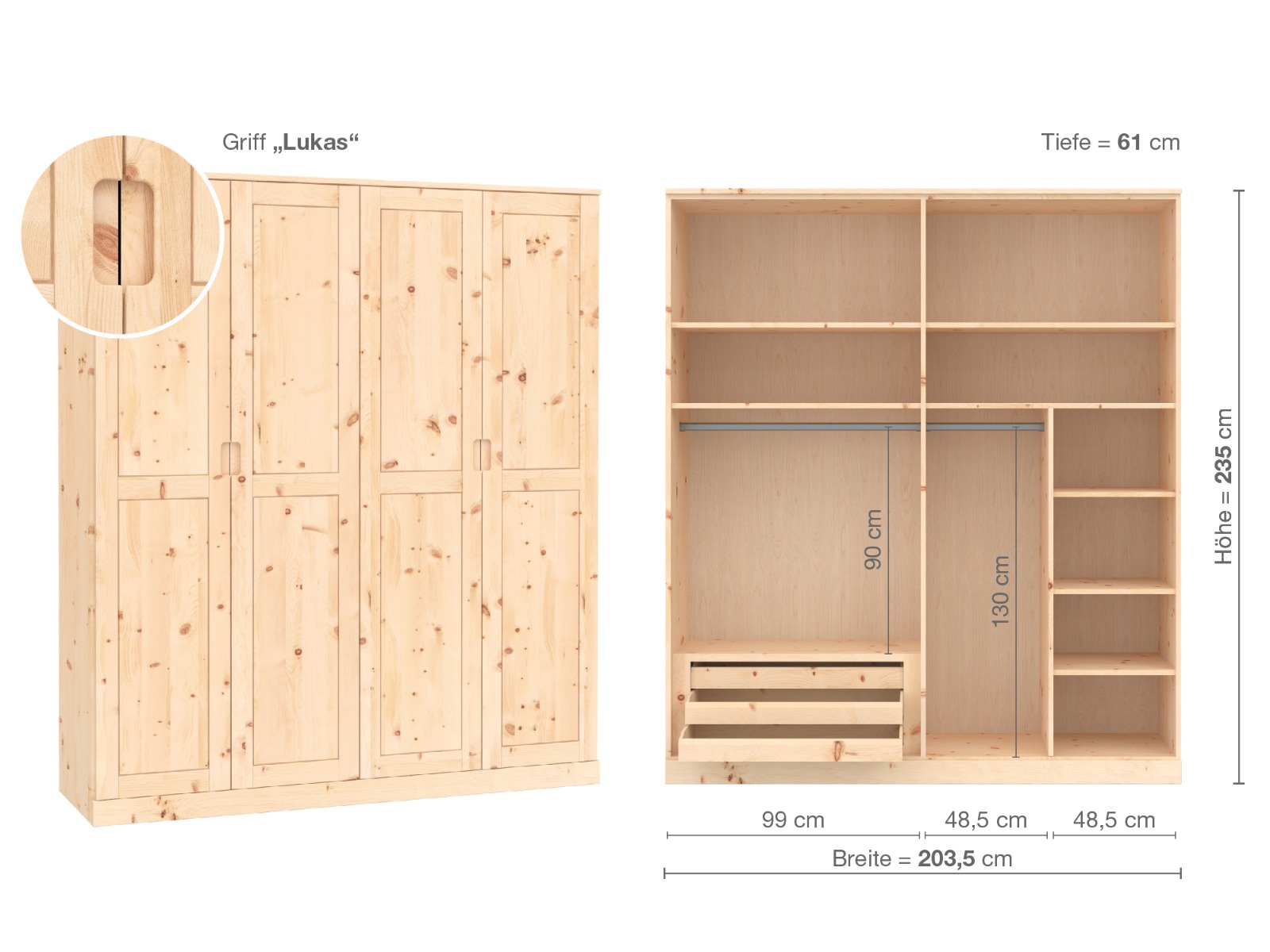 Zirbenschrank „Edelweiß“, 4-türig, Höhe 235 cm, Griffausführung „Lukas“, Inneneinrichtung C