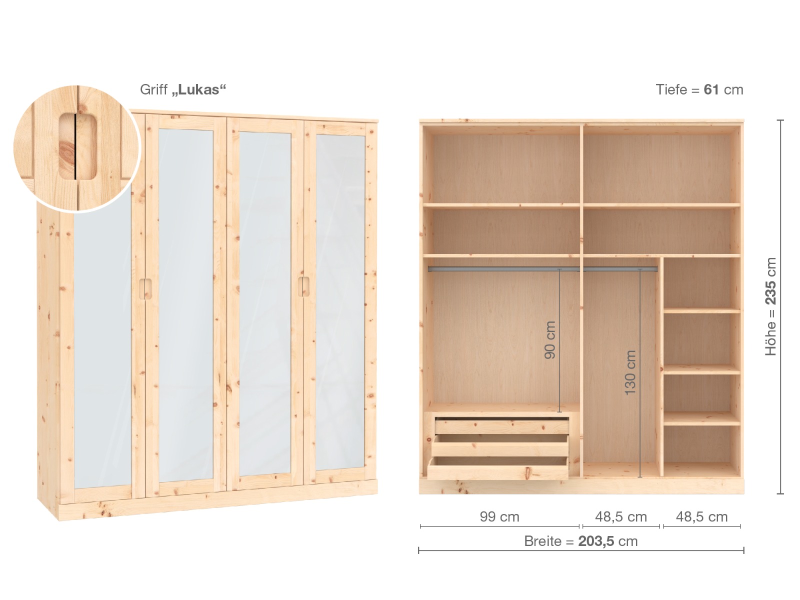 Zirbenschrank „Alpenrose“, 4-türig, Höhe 235 cm, Griffausführung „Lukas“, Inneneinrichtung  C