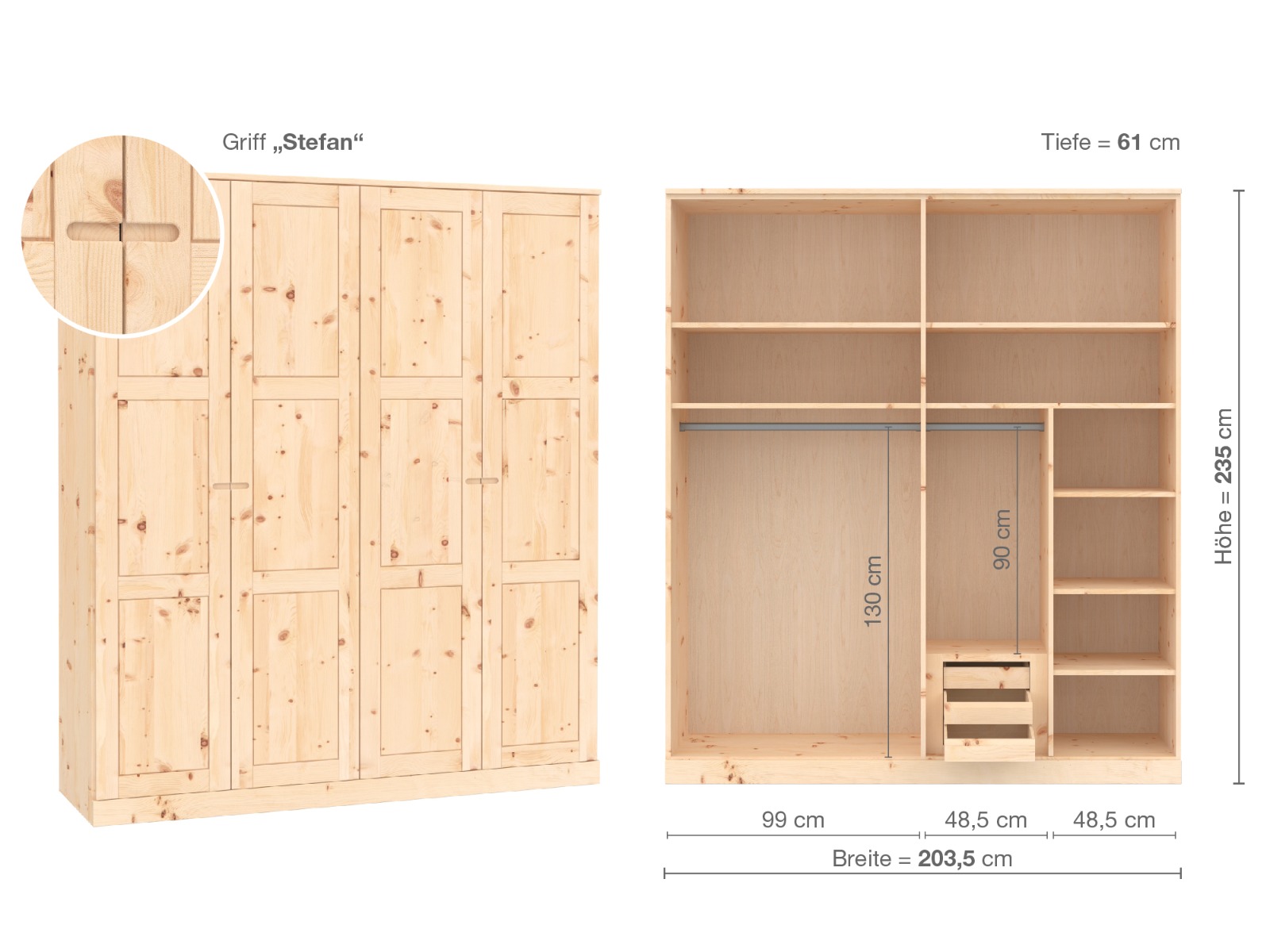 Zirbenschrank „Enzian“, 4-türig, Höhe 235 cm, Griffausführung „Stefan“, Inneneinrichtung D