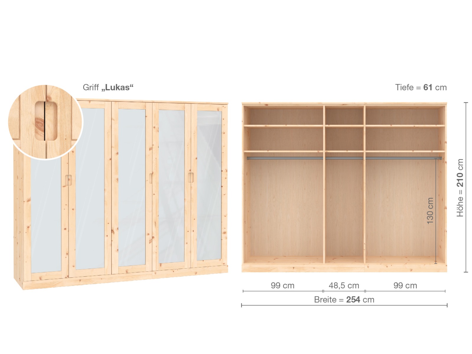 Zirbenschrank „Alpenrose“, 5-türig, Höhe 210 cm, Griffausführung „Lukas“, Inneneinrichtung  A