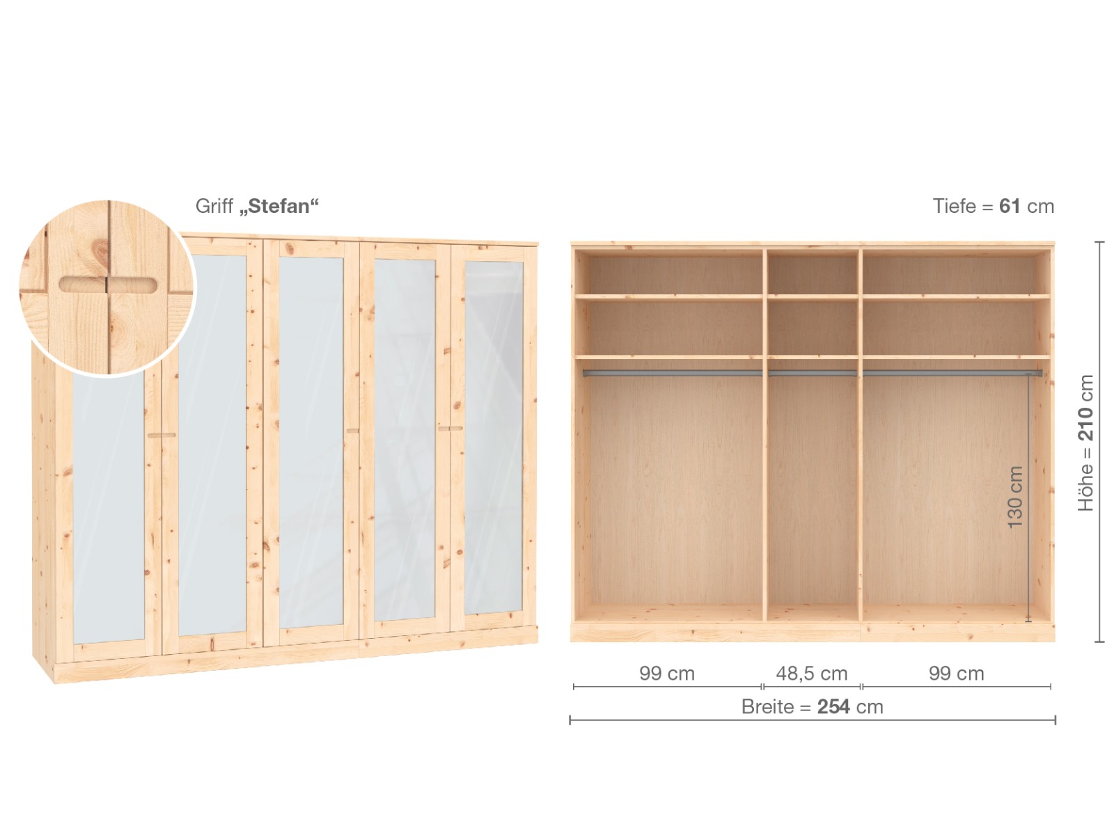 Zirbenschrank „Alpenrose“, 5-türig, Höhe 210 cm, Griffausführung „Stefan“, Inneneinrichtung  A