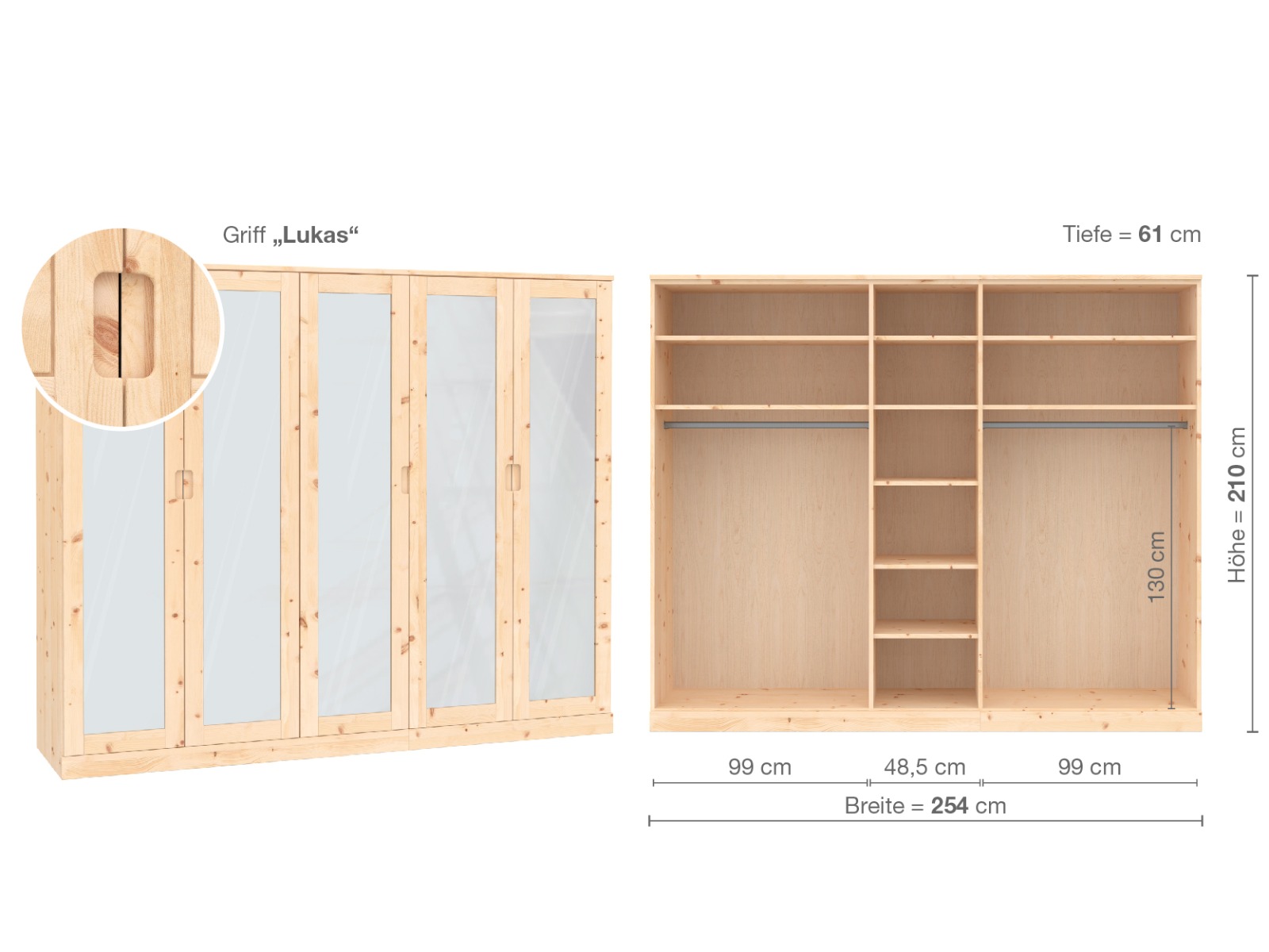 Zirbenschrank „Alpenrose“, 5-türig, Höhe 210 cm, Griffausführung „Lukas“, Inneneinrichtung  B