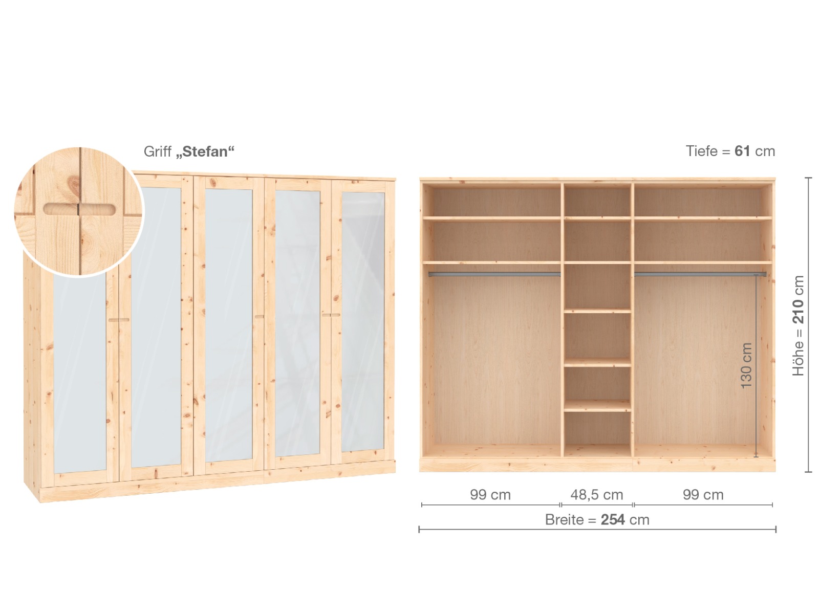 Zirbenschrank „Alpenrose“, 5-türig, Höhe 210 cm, Griffausführung „Stefan“, Inneneinrichtung  B