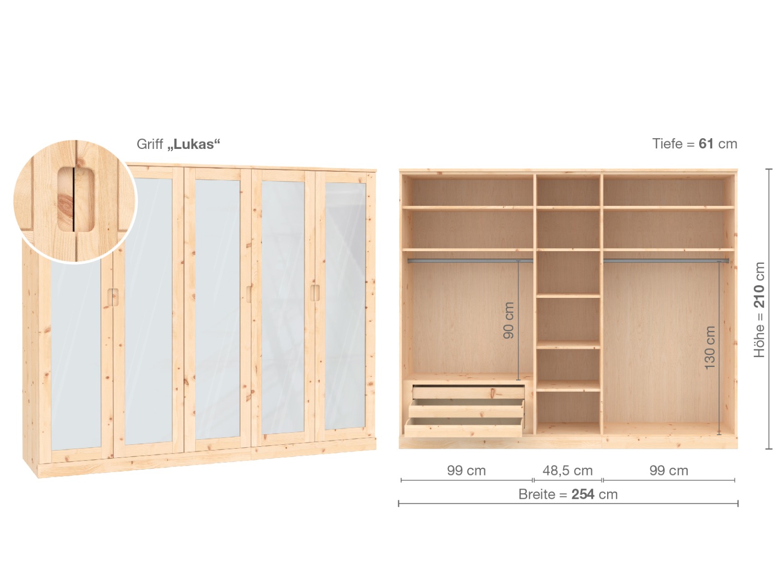 Zirbenschrank „Alpenrose“, 5-türig, Höhe 210 cm, Griffausführung „Lukas“, Inneneinrichtung  C