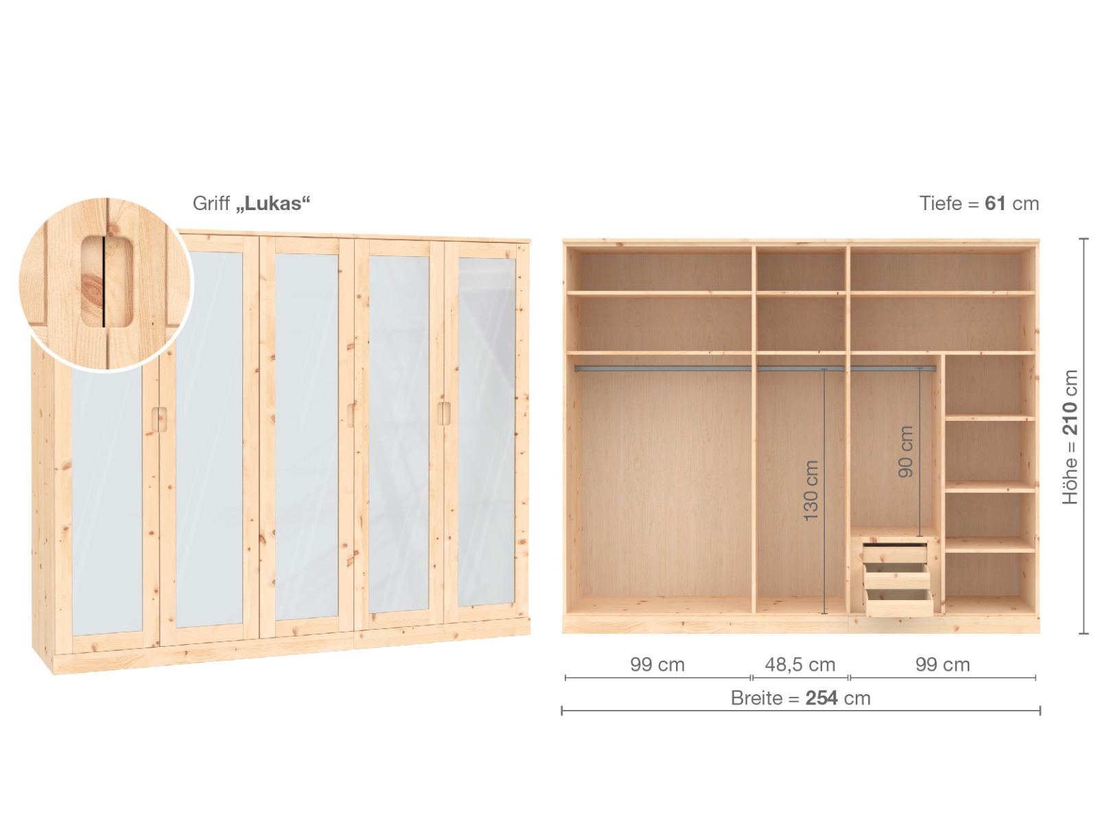 Zirbenschrank „Alpenrose“, 5-türig, Höhe 210 cm, Griffausführung „Lukas“, Inneneinrichtung  D