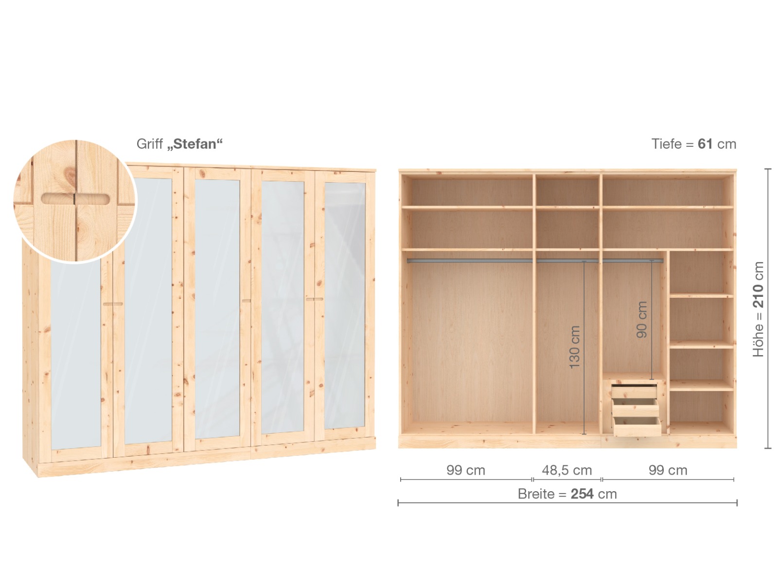 Zirbenschrank „Alpenrose“, 5-türig, Höhe 210 cm, Griffausführung „Stefan“, Inneneinrichtung  D