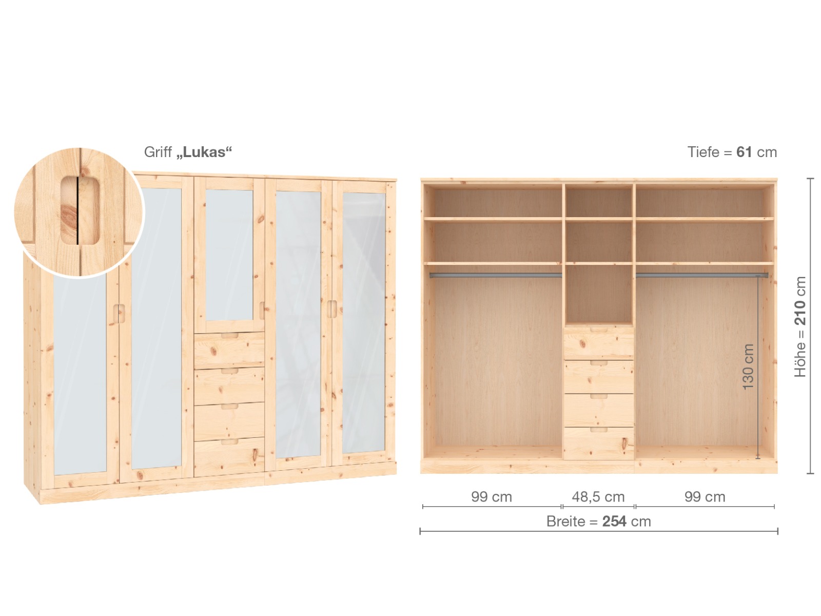 Zirbenschrank „Alpenrose“, 5-türig, Höhe 210 cm, Griffausführung „Lukas“, Inneneinrichtung  E