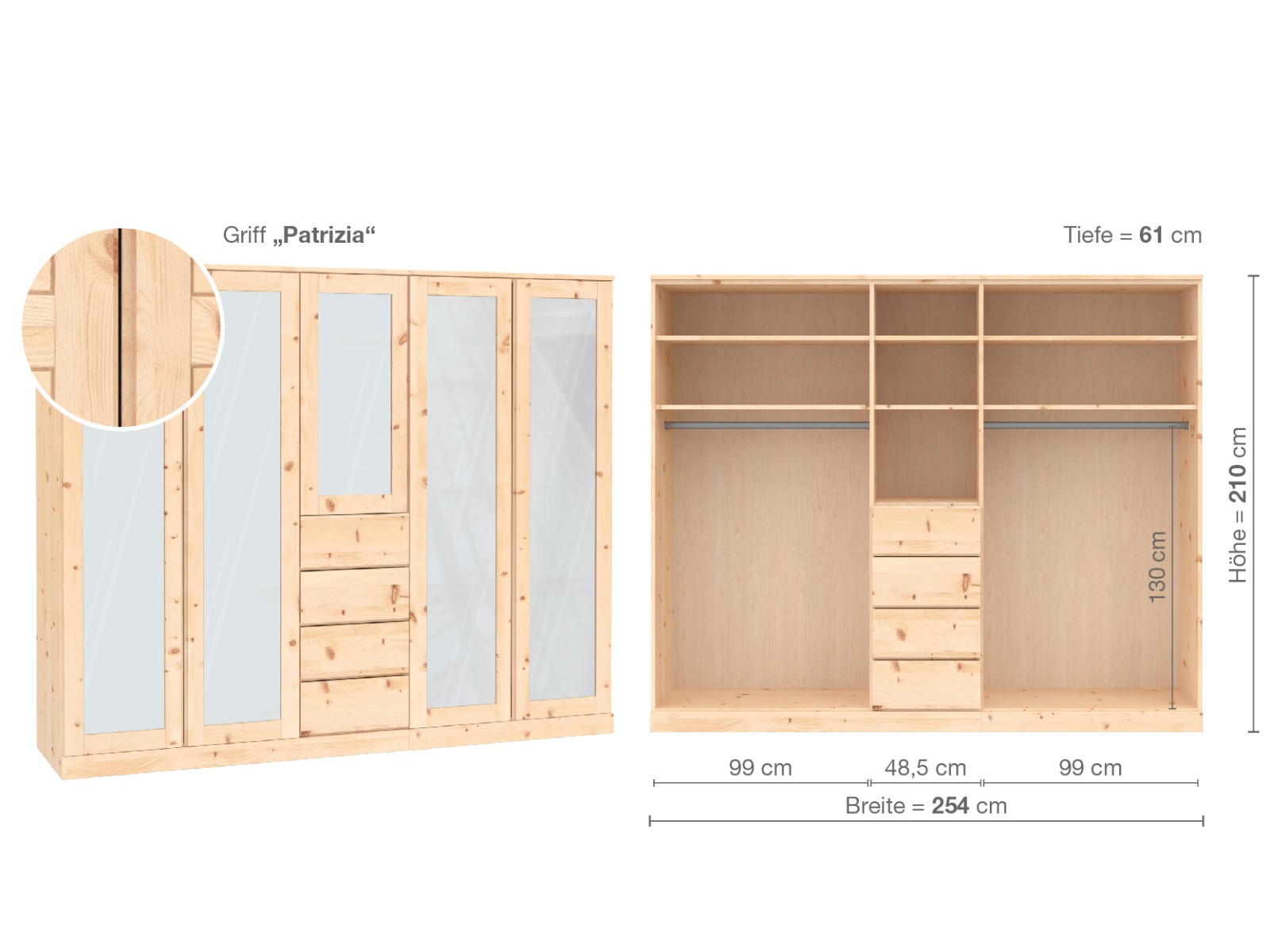 Zirbenschrank „Alpenrose“, 5-türig, Höhe 210 cm, Griffausführung „Patrizia“, Inneneinrichtung  E