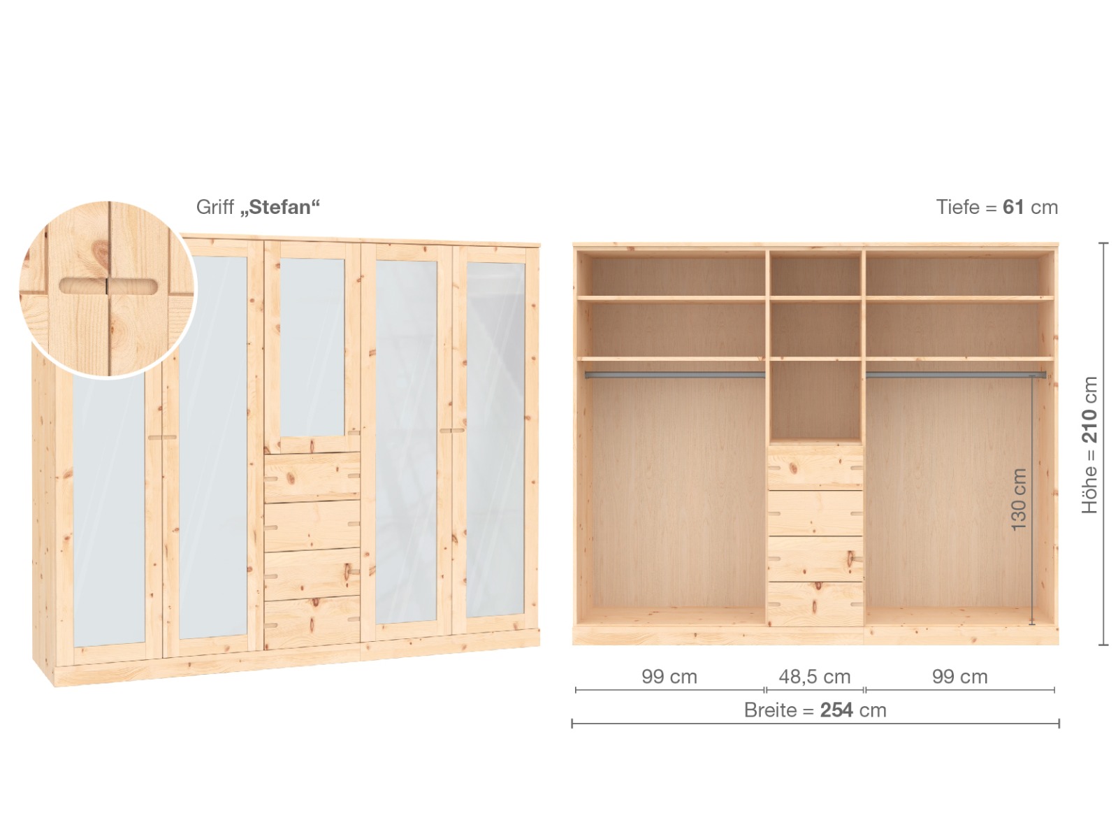 Zirbenschrank „Alpenrose“, 5-türig, Höhe 210 cm, Griffausführung „Stefan“, Inneneinrichtung  E