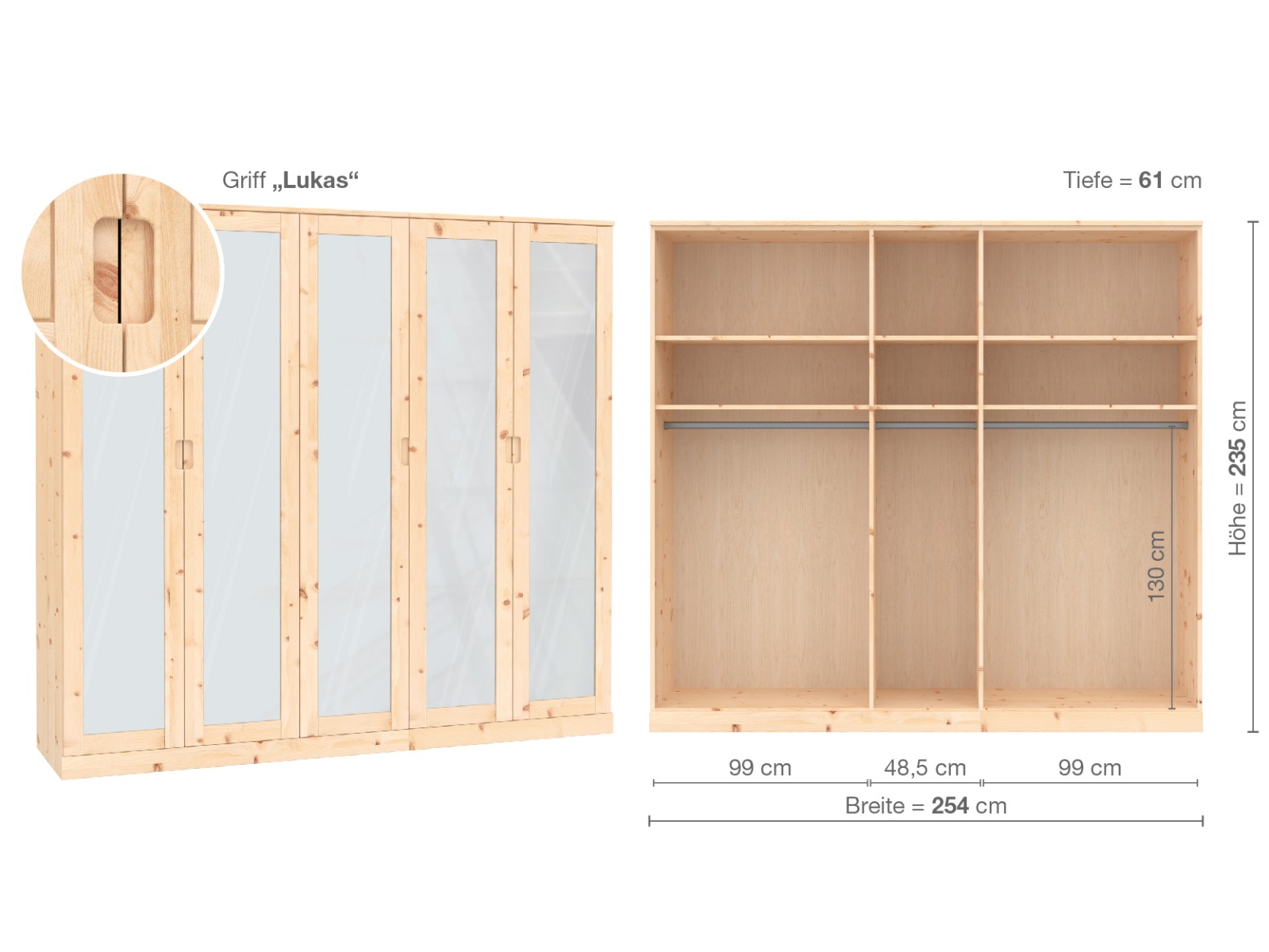 Zirbenschrank „Alpenrose“, 5-türig, Höhe 235 cm, Griffausführung „Lukas“, Inneneinrichtung  A