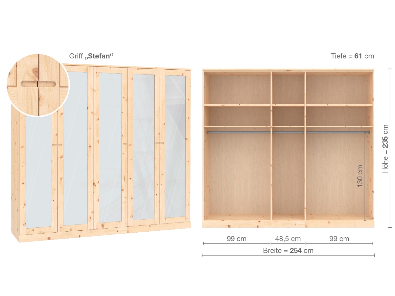 Zirbenschrank „Alpenrose“, 5-türig, Höhe 235 cm, Griffausführung „Stefan“, Inneneinrichtung  A