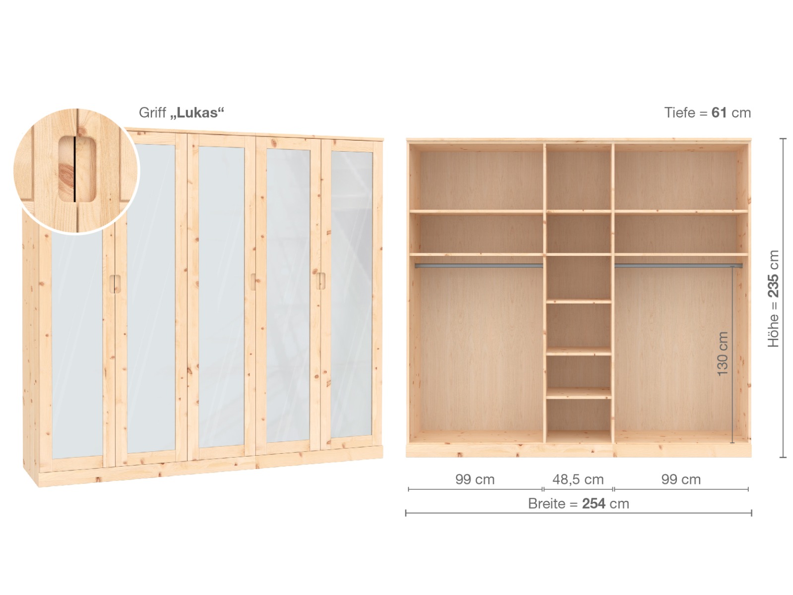 Zirbenschrank „Alpenrose“, 5-türig, Höhe 235 cm, Griffausführung „Lukas“, Inneneinrichtung  B