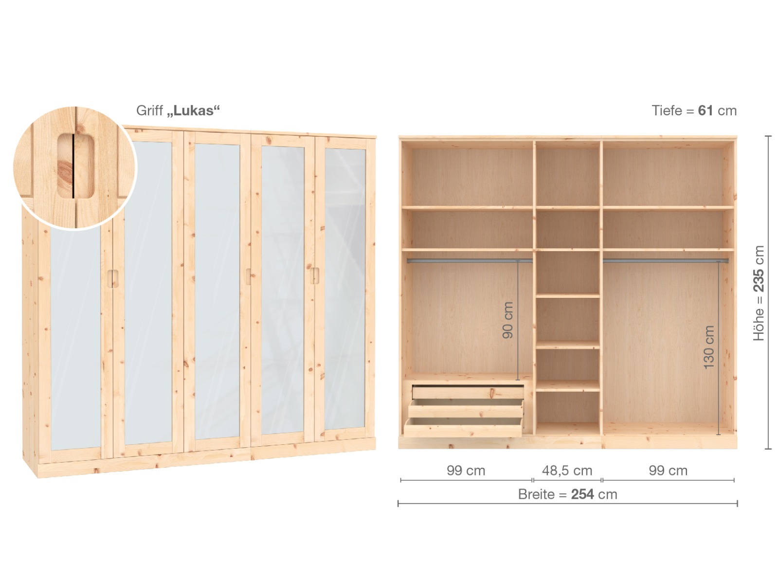 Zirbenschrank „Alpenrose“, 5-türig, Höhe 235 ​cm, Griffausführung „Lukas“, Inneneinrichtung  C