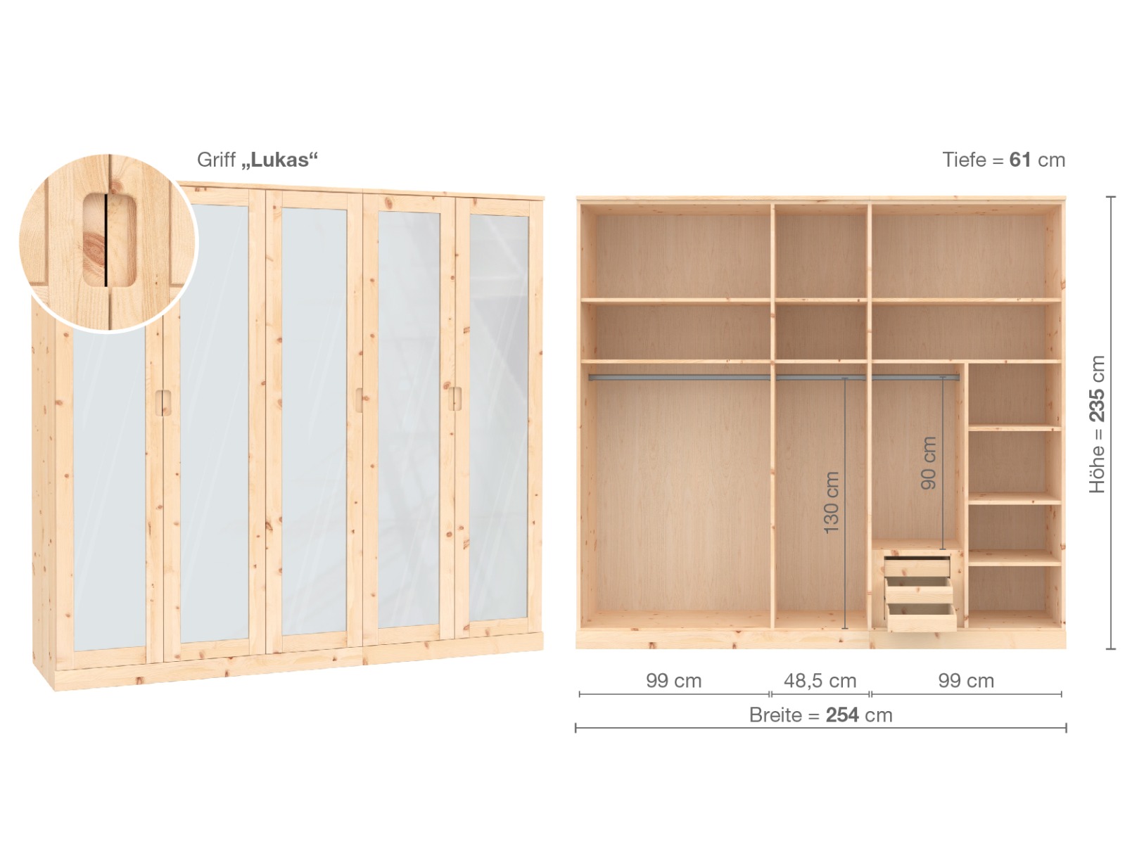 Zirbenschrank „Alpenrose“, 5-türig, Höhe 235 ​cm, Griffausführung „Lukas“, Inneneinrichtung  A