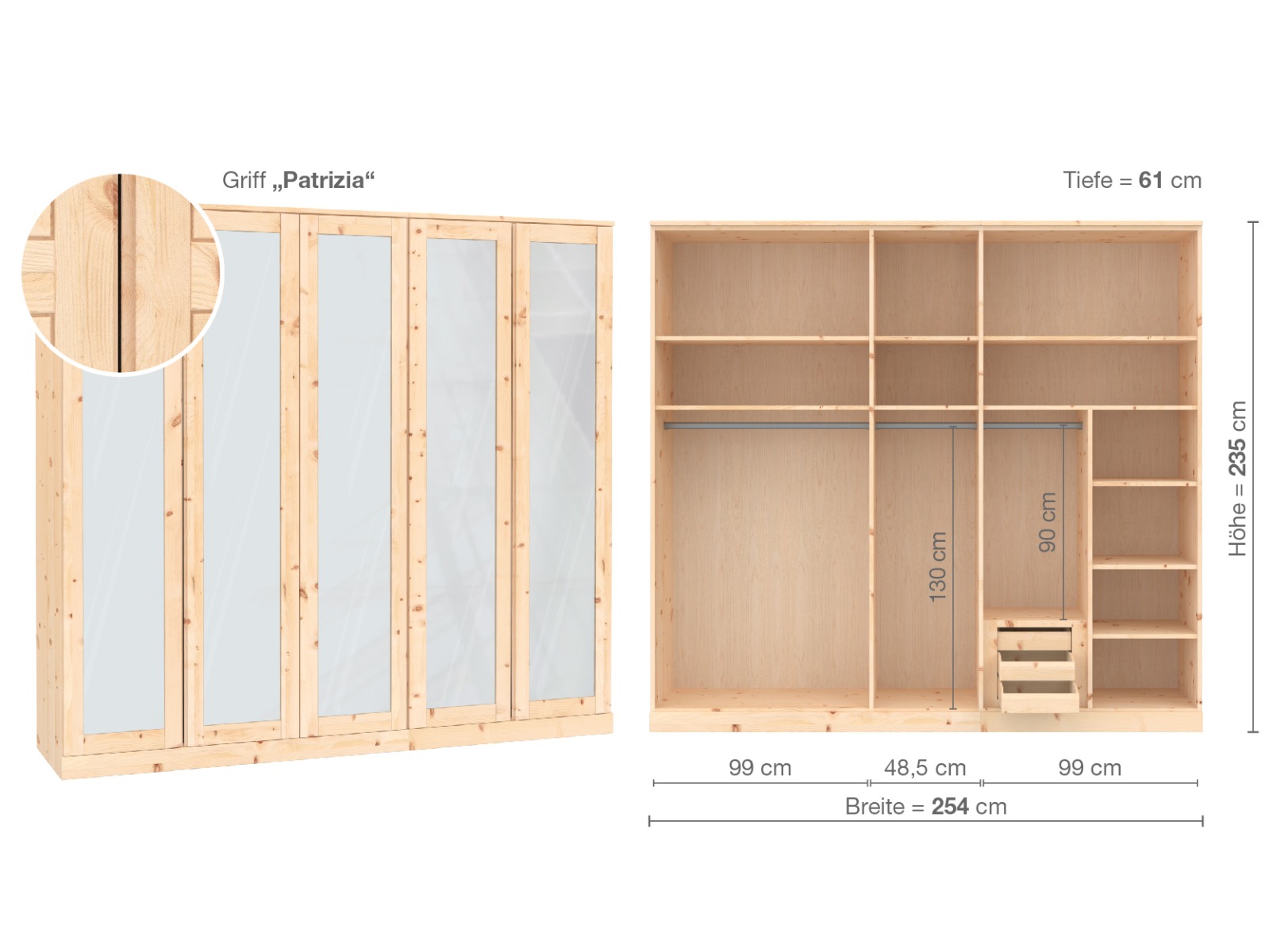 Zirbenschrank „Alpenrose“, 5-türig, Höhe 235 ​cm, Griffausführung „Patrizia“, Inneneinrichtung  D