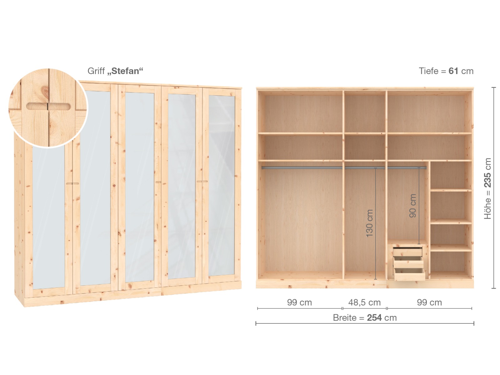 Zirbenschrank „Alpenrose“, 5-türig, Höhe 235 ​cm, Griffausführung „Stefan“, Inneneinrichtung  D