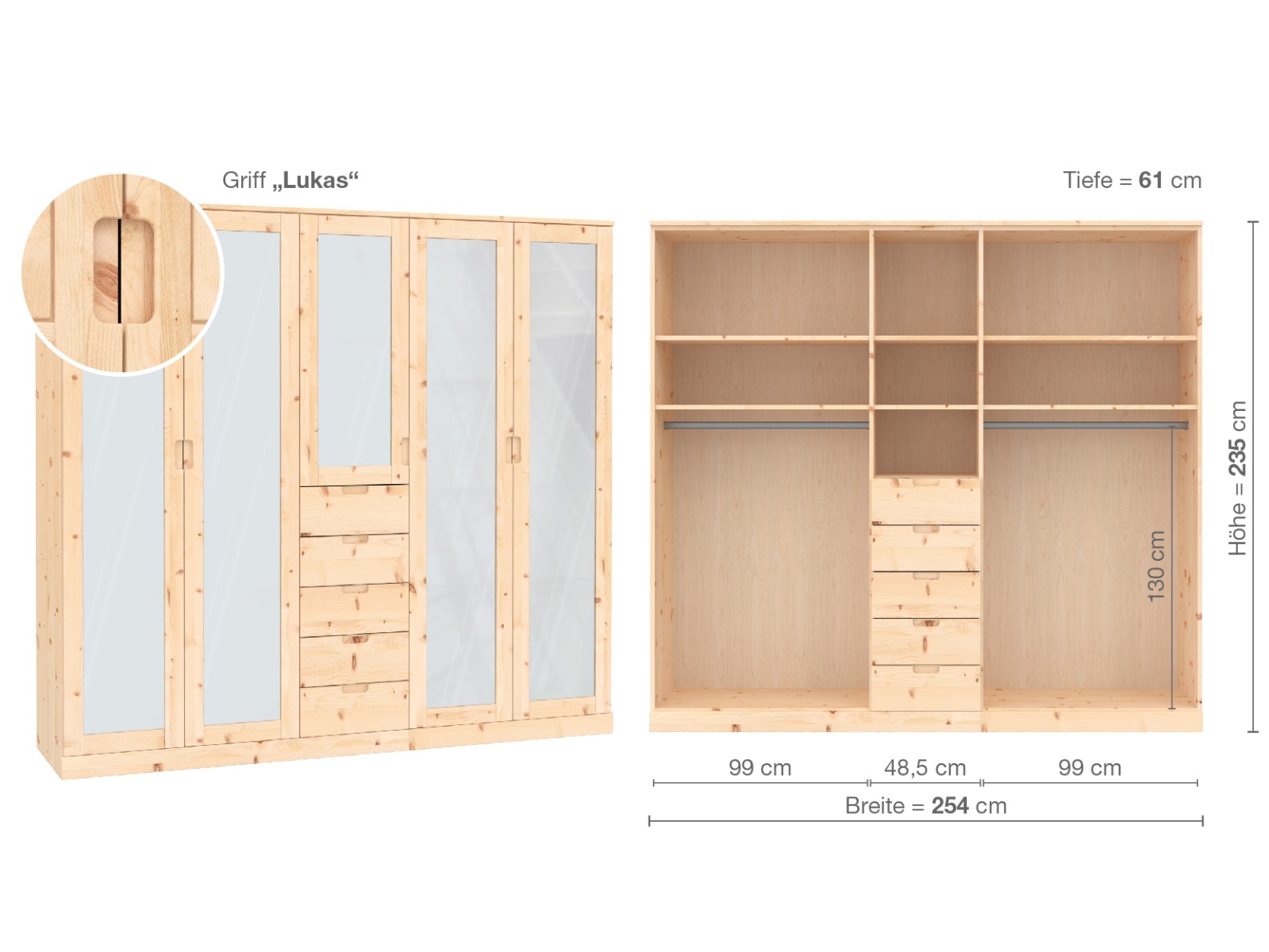 Zirbenschrank „Alpenrose“, 5-türig, Höhe 235 ​cm, Griffausführung „Lukas“, Inneneinrichtung  E