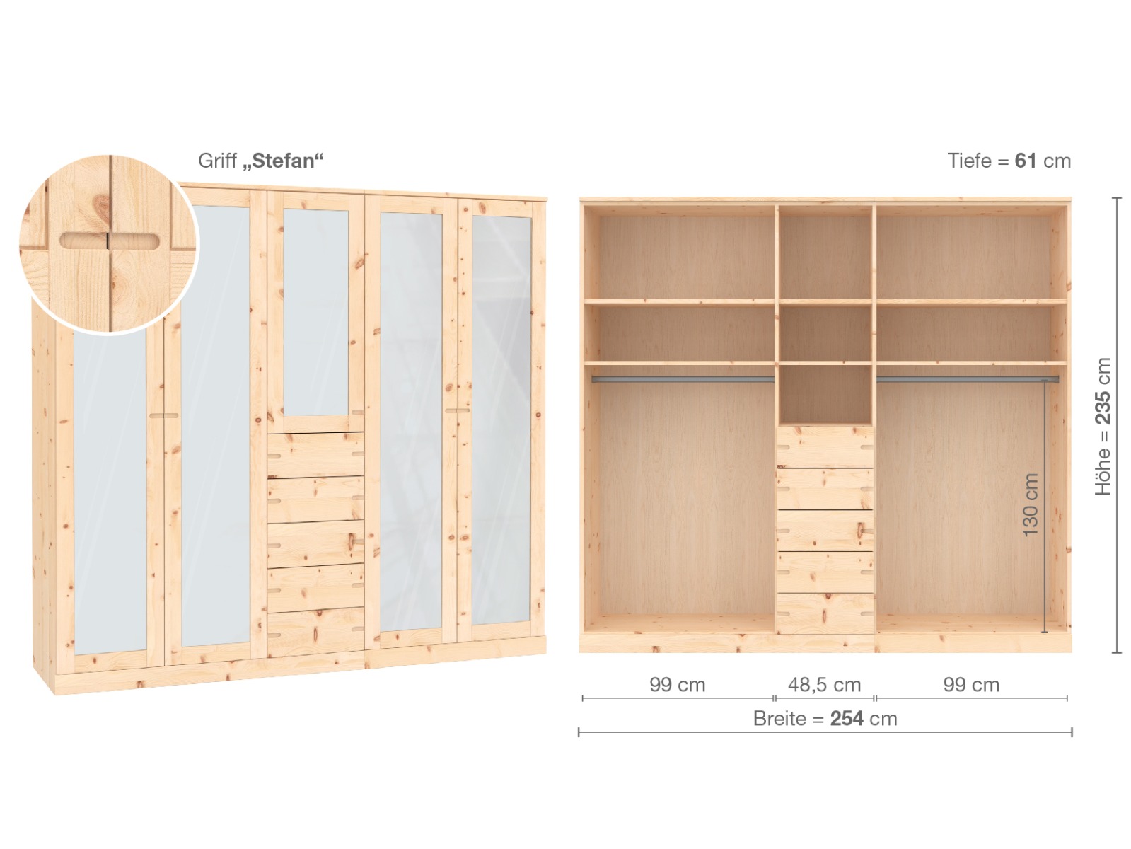 Zirbenschrank „Alpenrose“, 5-türig, Höhe 235 ​cm, Griffausführung „Stefan“, Inneneinrichtung  E