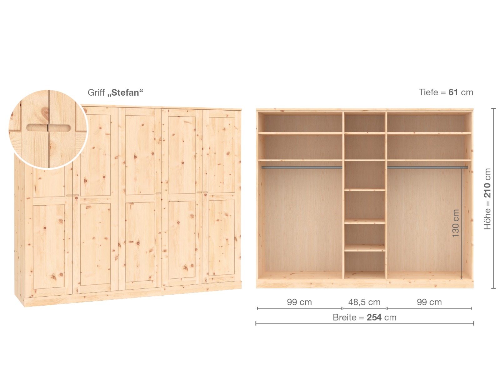 Zirbenschrank „Edelweiß“, 5-türig, Höhe 210 cm, Griffausführung „Stefan“, Inneneinrichtung  B