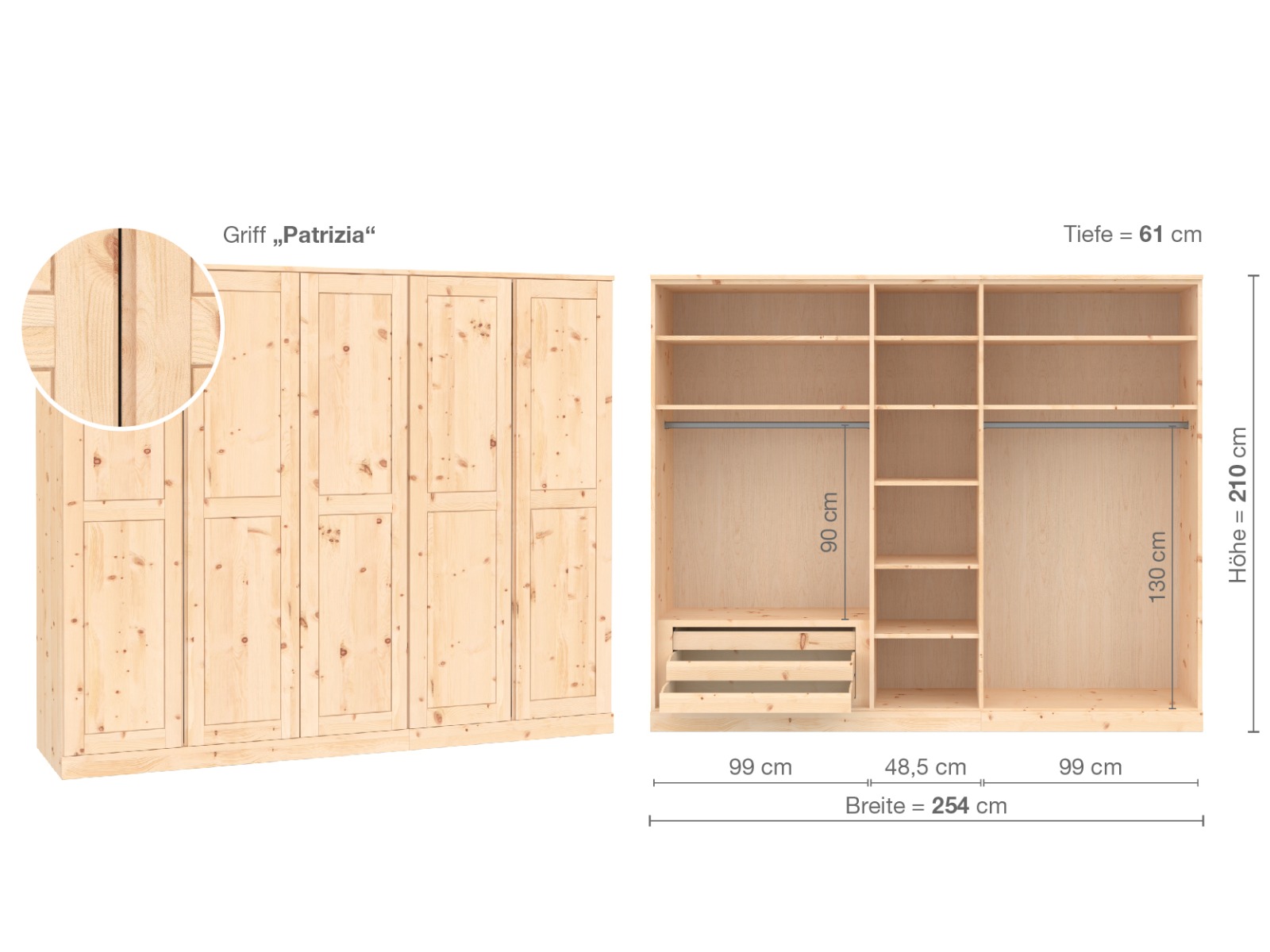 Zirbenschrank „Edelweiß“, 5-türig, Höhe 210 cm, Griffausführung „Patrizia“, Inneneinrichtung  C