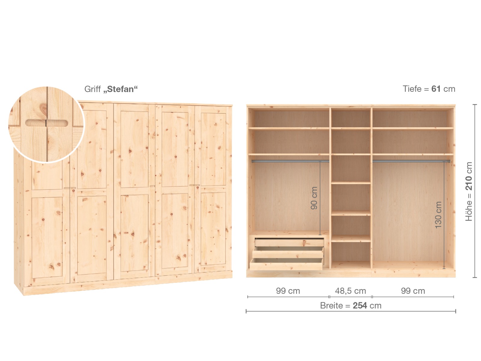 Zirbenschrank „Edelweiß“, 5-türig, Höhe 210 cm, Griffausführung „Stefan“, Inneneinrichtung  C