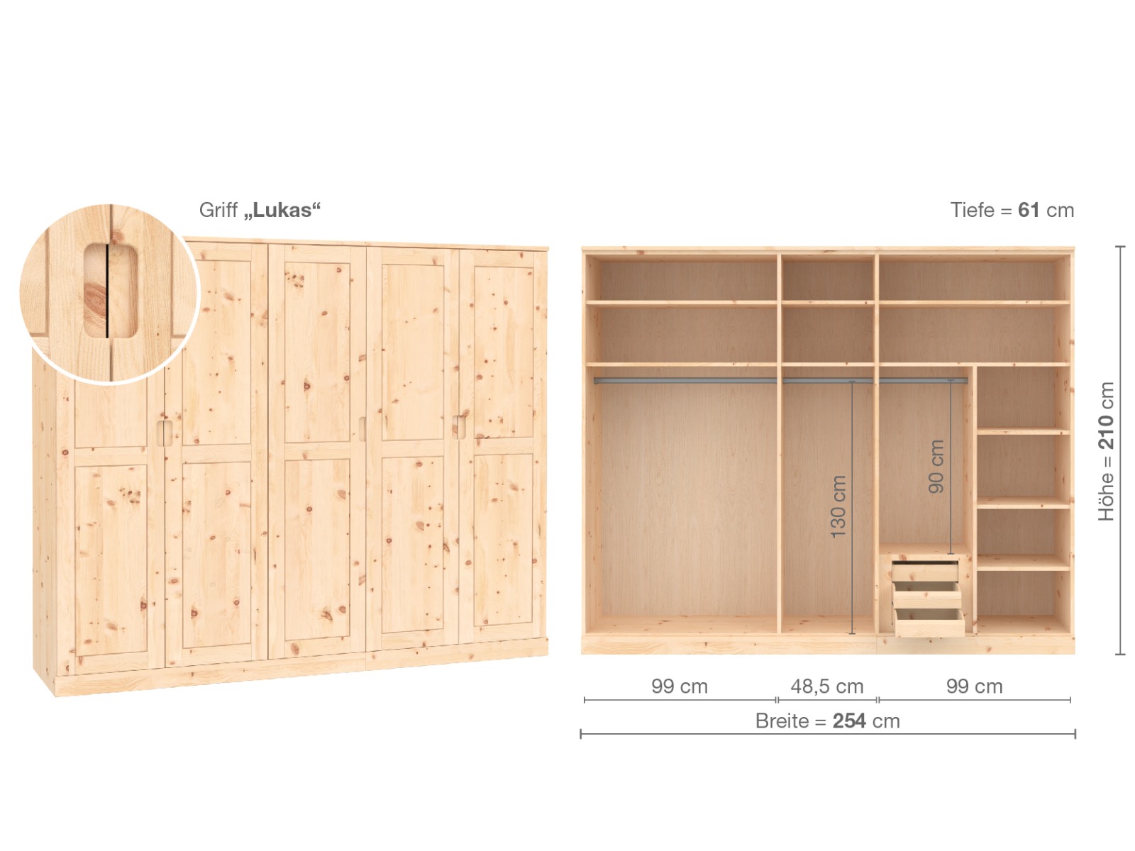 Zirbenschrank „Edelweiß“, 5-türig, Höhe 210 cm, Griffausführung „Lukas“, Inneneinrichtung  D