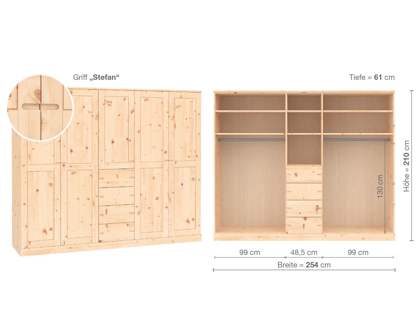 Zirbenschrank „Edelweiß“, 5-türig, Höhe 210 cm, Griffausführung „Stefan“, Inneneinrichtung  E