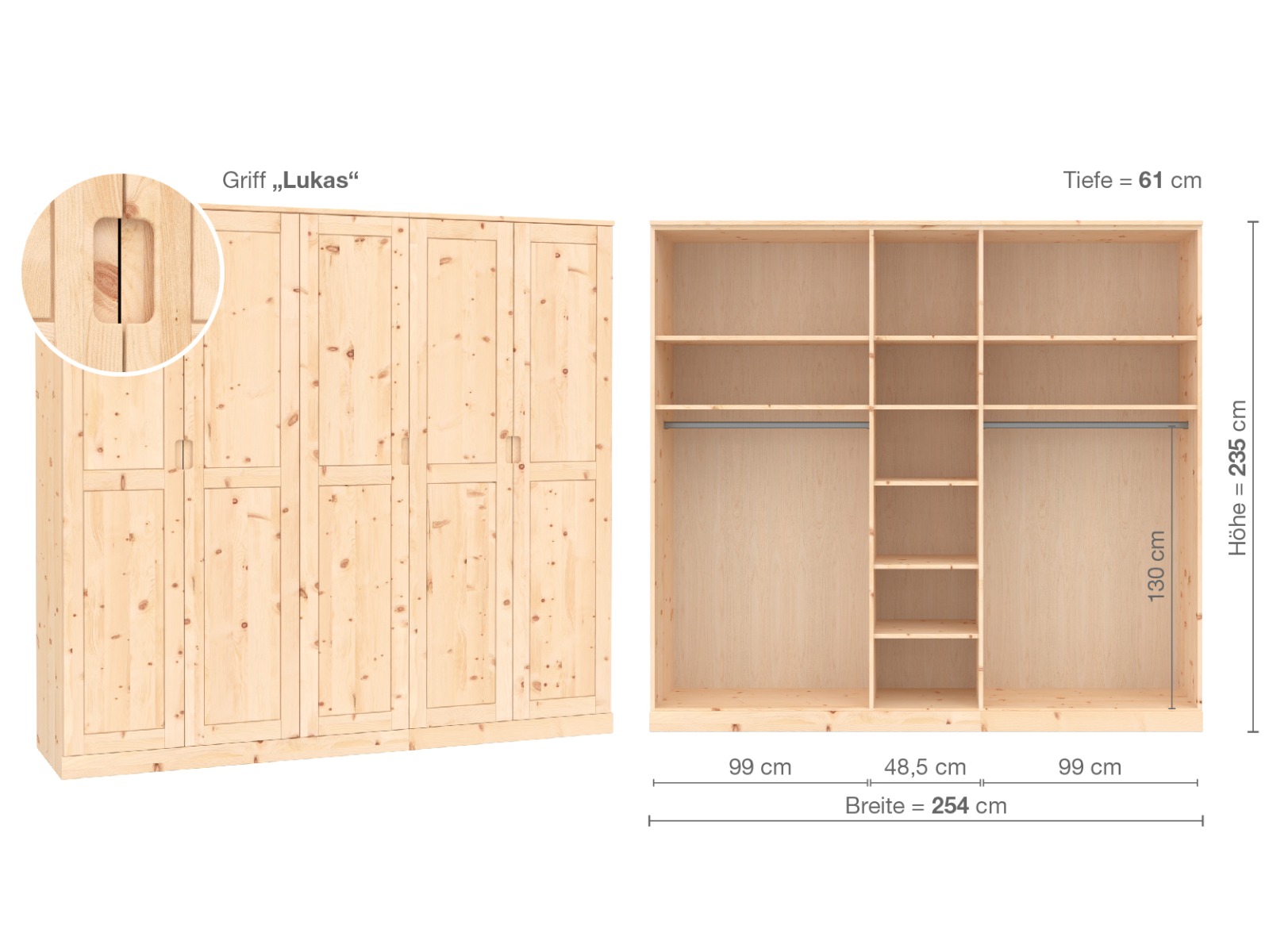 Zirbenschrank „Edelweiß“, 5-türig, Höhe 235 cm, Griffausführung „Lukas“, Inneneinrichtung  B