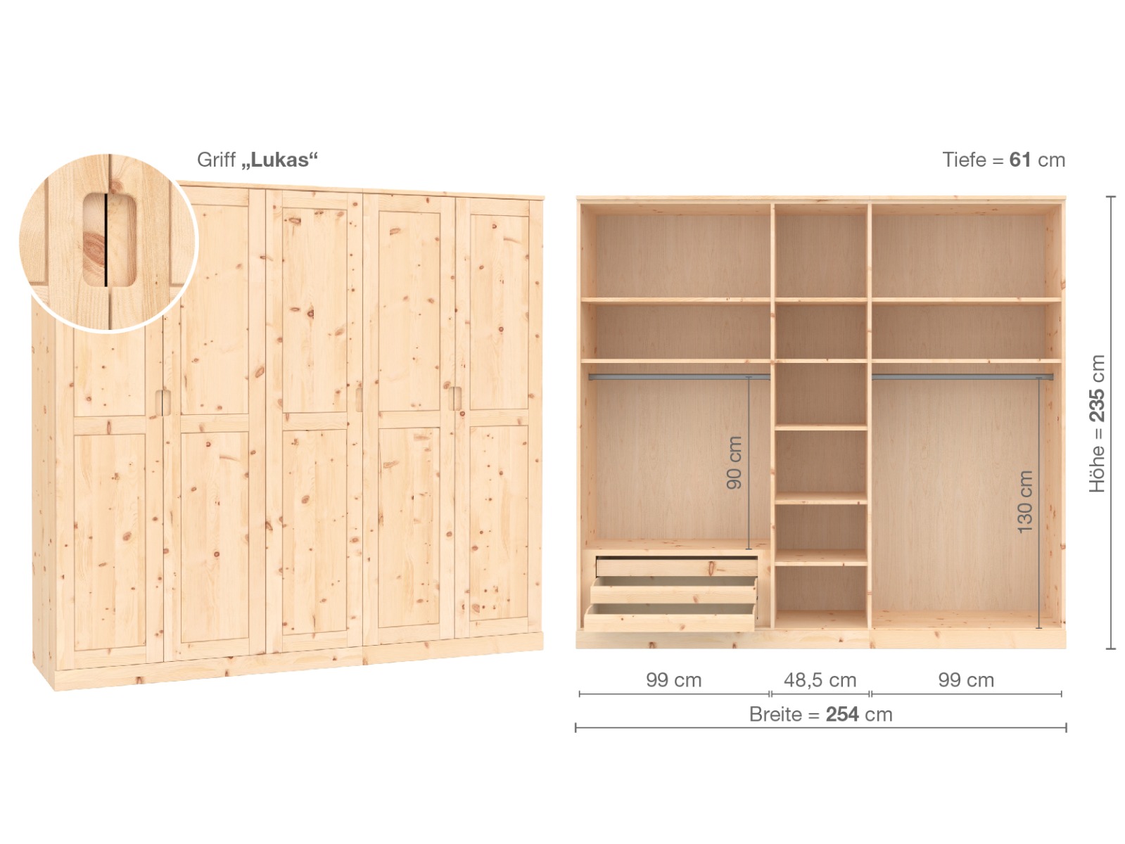 Zirbenschrank „Edelweiß“, 5-türig, Höhe 235 ​cm, Griffausführung „Lukas“, Inneneinrichtung  C