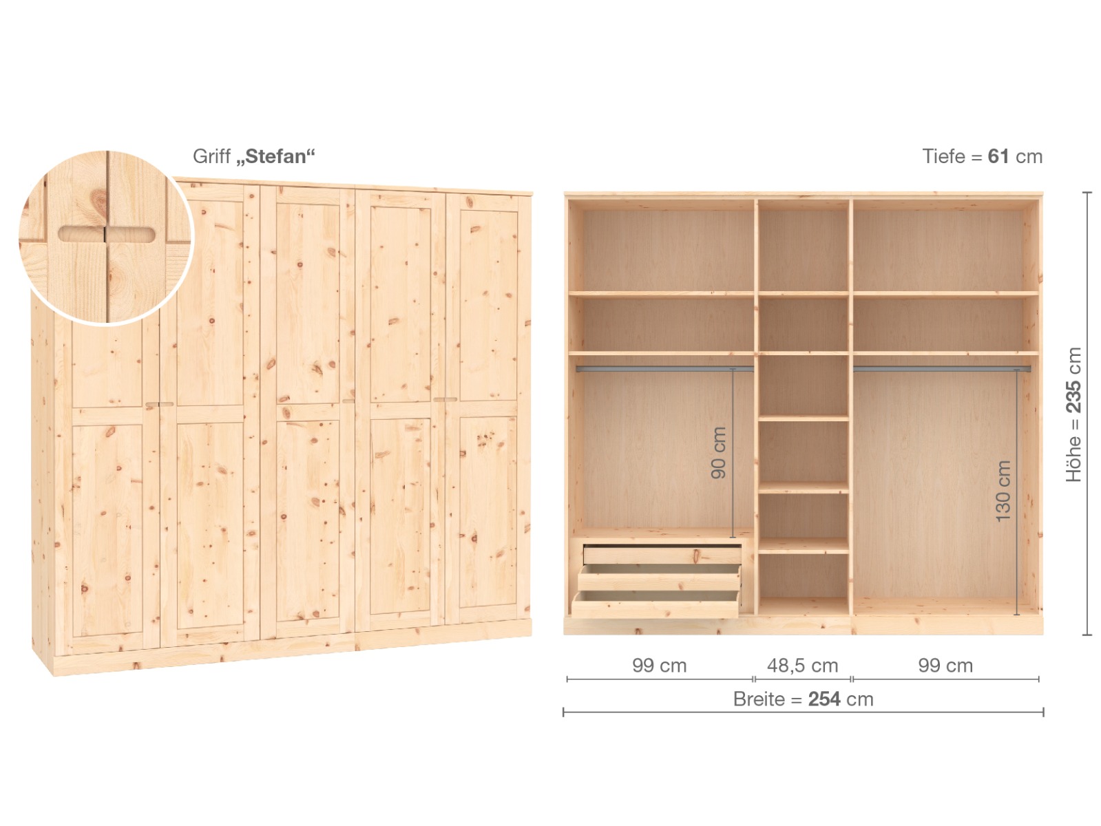 Zirbenschrank „Edelweiß“, 5-türig, Höhe 235 ​cm, Griffausführung „Stefan“, Inneneinrichtung  C