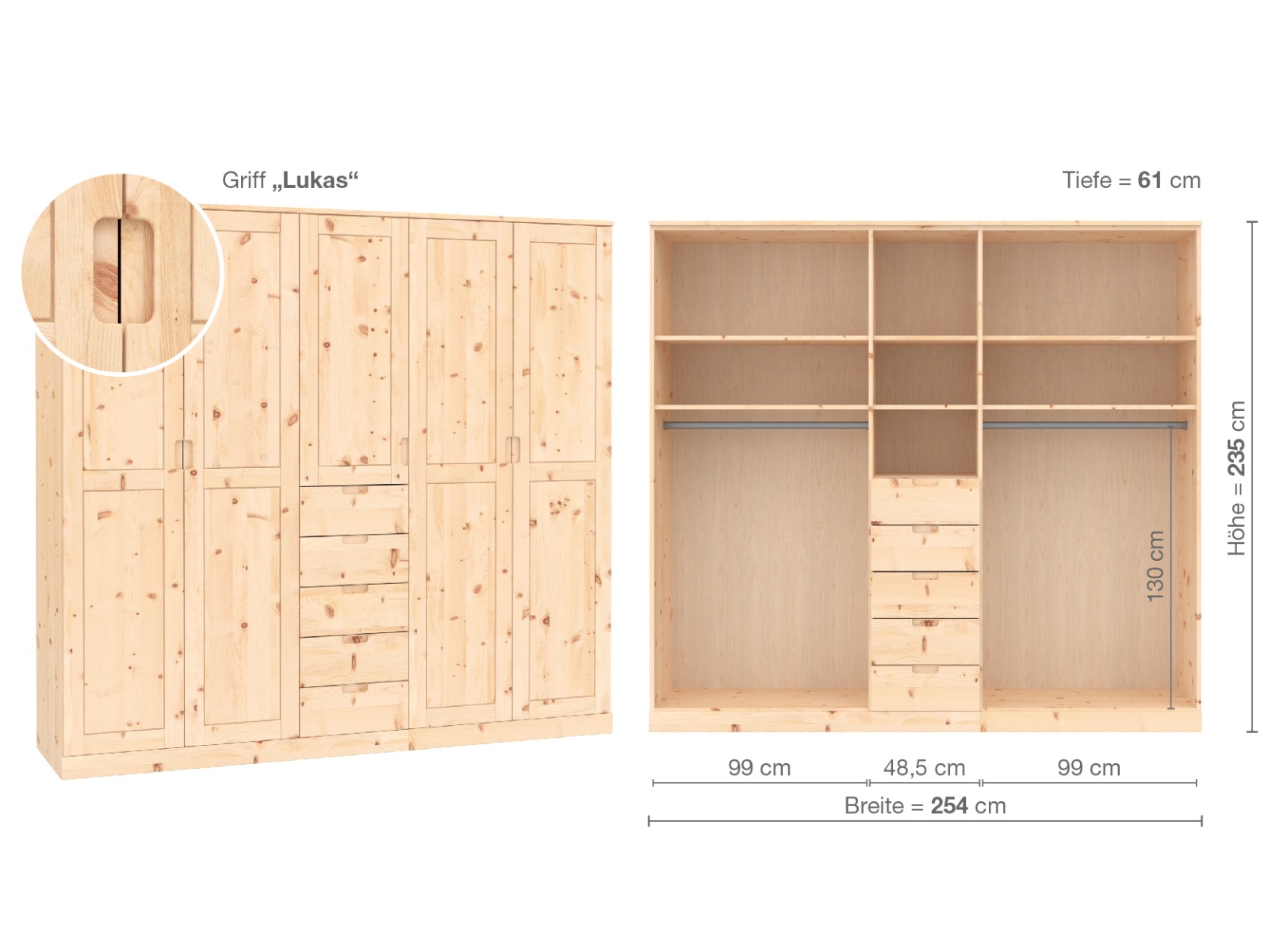 Zirbenschrank „Edelweiß“, 5-türig, Höhe 235 ​cm, Griffausführung „Lukas“, Inneneinrichtung  E