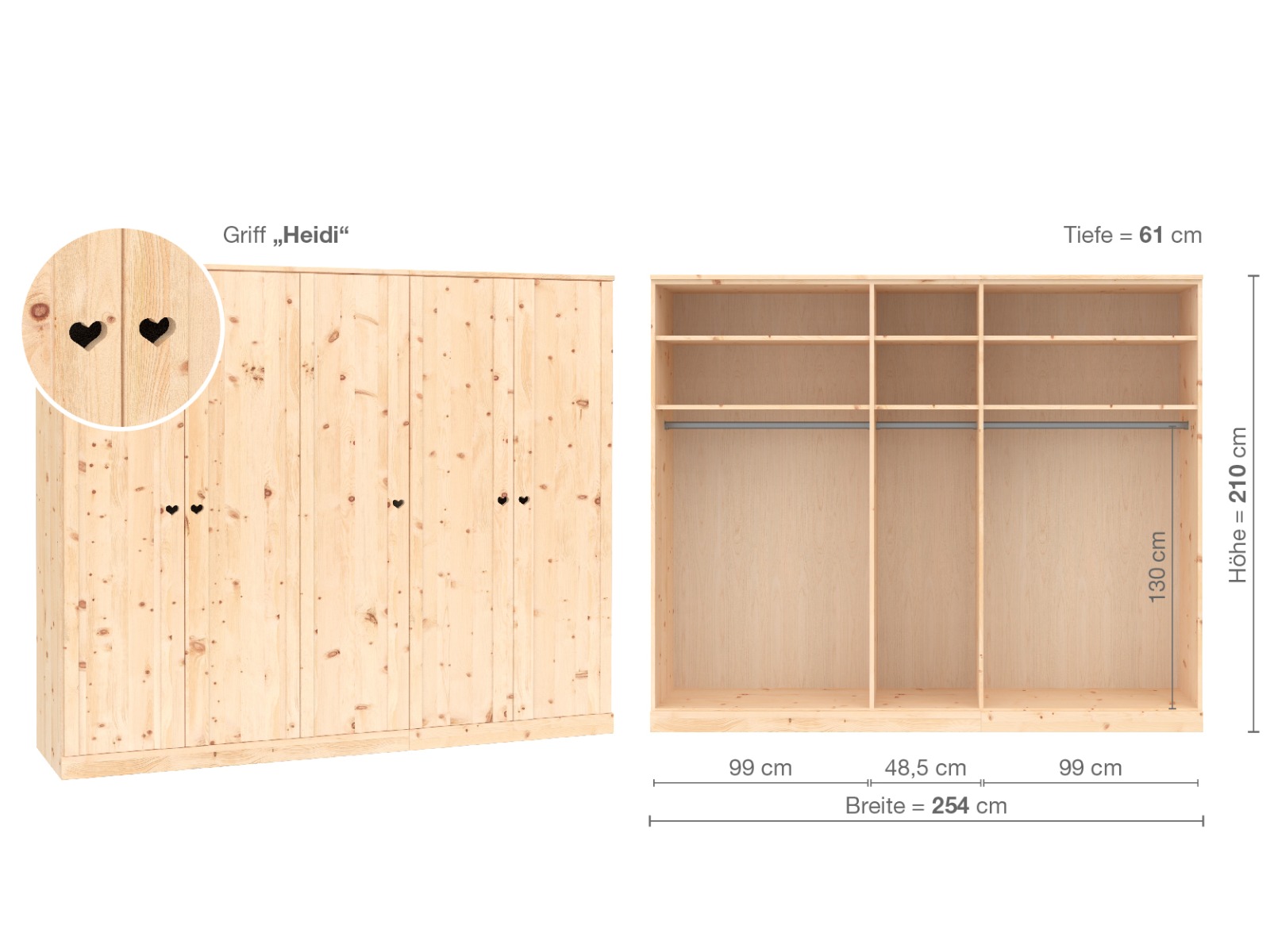 Zirbenschrank „Arnika“, 5-türig, Höhe 210 cm, Griffausführung „Heidi“, Inneneinrichtung  A