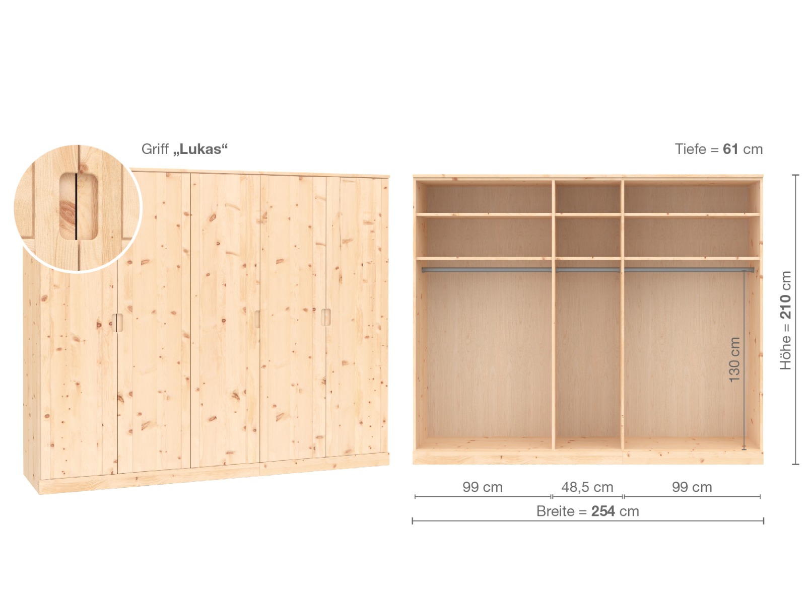 Zirbenschrank „Arnika“, 5-türig, Höhe 210 cm, Griffausführung „Lukas“, Inneneinrichtung  A