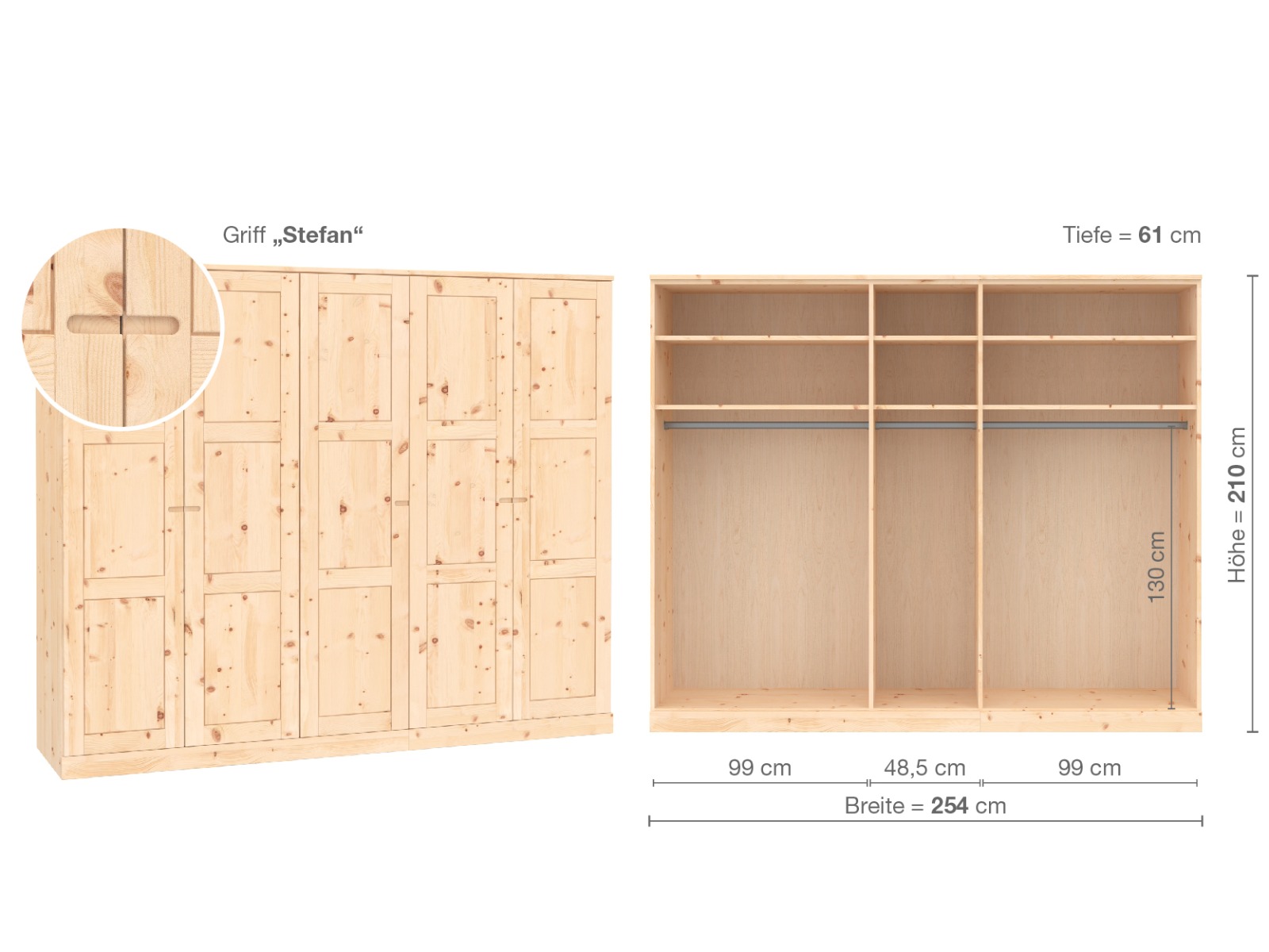 Zirbenschrank „Enzian“, 5-türig, Höhe 210 cm, Griffausführung „Stefan“, Inneneinrichtung A