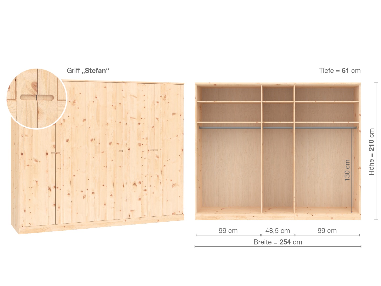 Zirbenschrank „Arnika“, 5-türig, Höhe 210 cm, Griffausführung „Stefan“, Inneneinrichtung A