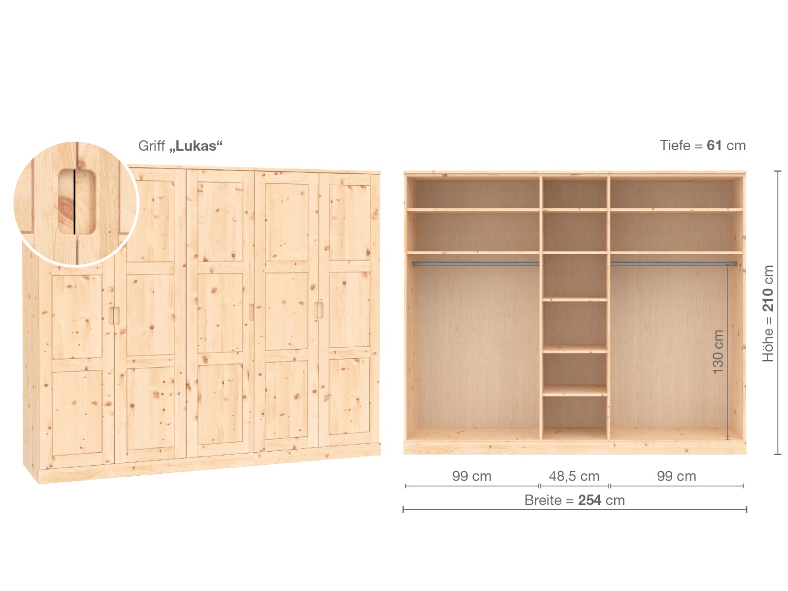 Zirbenschrank „Enzian“, 5-türig, Höhe 210 cm, Griffausführung „Lukas“, Inneneinrichtung B