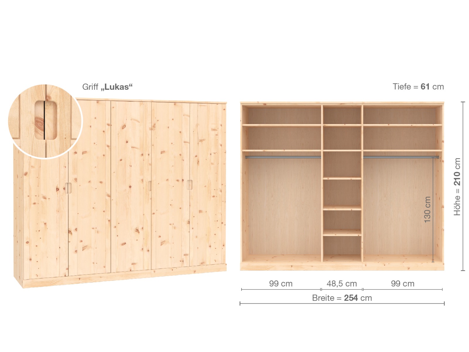 Zirbenschrank „Arnika“, 5-türig, Höhe 210 cm, Griffausführung „Lukas“, Inneneinrichtung  B