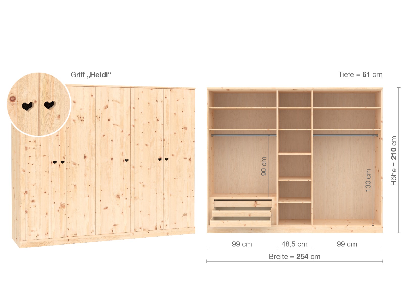 Zirbenschrank „Arnika“, 5-türig, Höhe 210 cm, Griffausführung „Heidi“, Inneneinrichtung  C