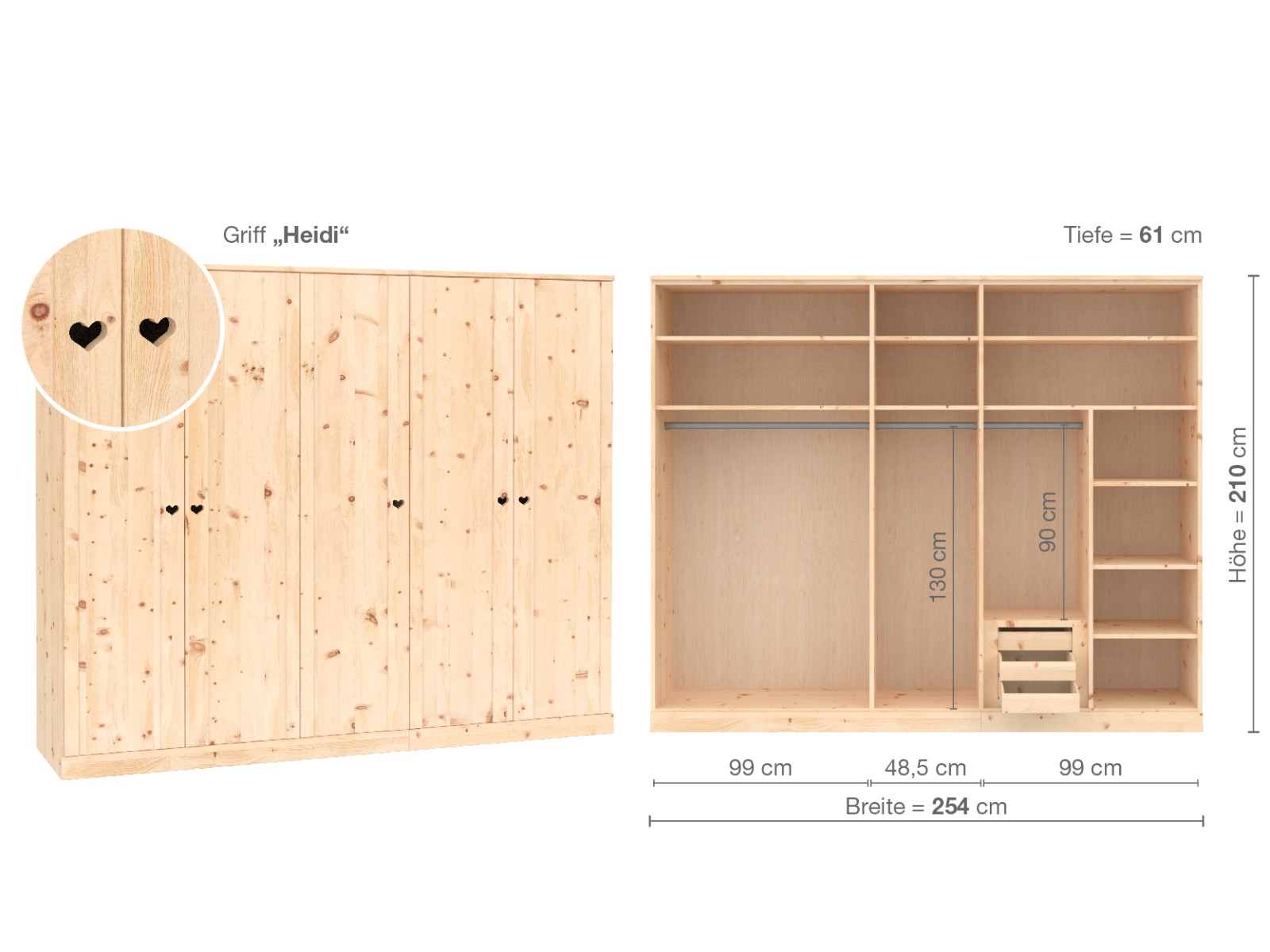 Zirbenschrank „Arnika“, 5-türig, Höhe 210 cm, Griffausführung „Heidi“, Inneneinrichtung  D