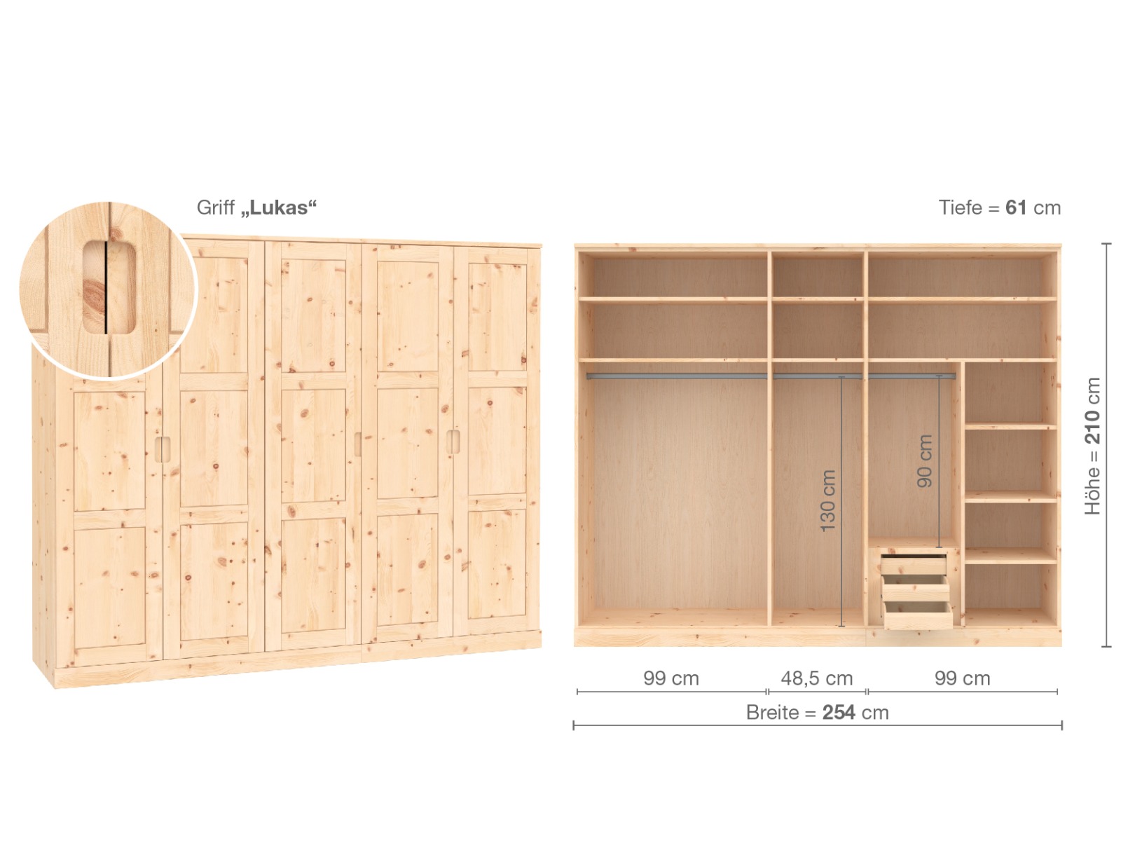 Zirbenschrank „Enzian“, 5-türig, Höhe 210 cm, Griffausführung „Lukas“, Inneneinrichtung D