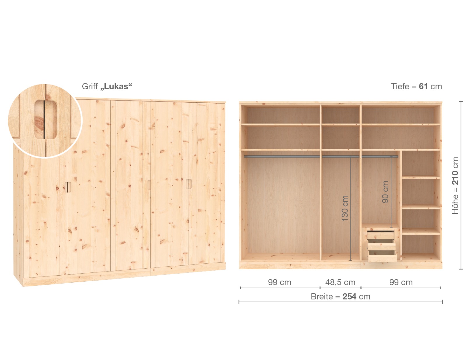 Zirbenschrank „Arnika“, 5-türig, Höhe 210 cm, Griffausführung „Lukas“, Inneneinrichtung D