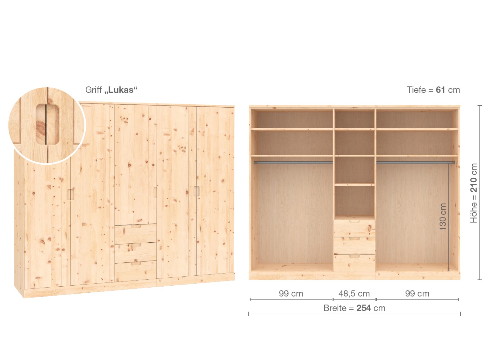 Zirbenschrank „Arnika“, 5-türig, Höhe 210 cm, Griffausführung „Lukas“, Inneneinrichtung  D