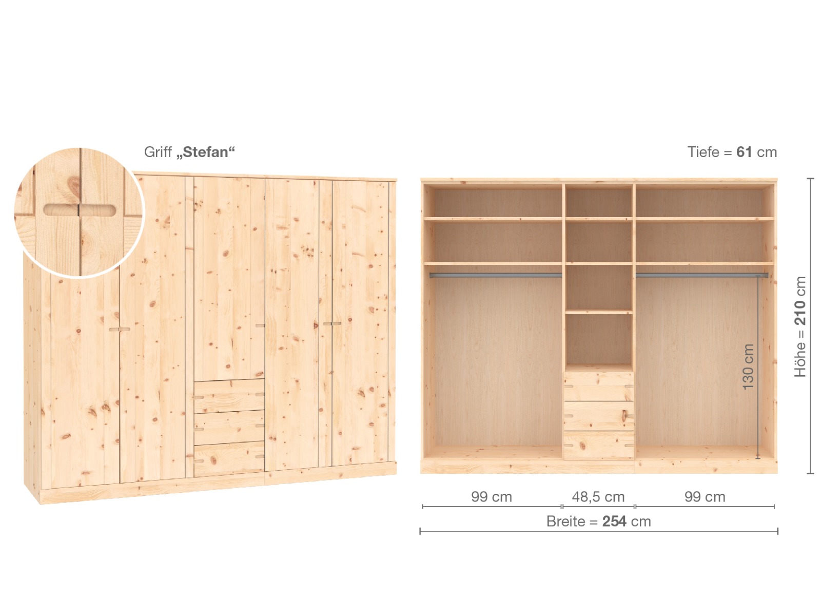 Zirbenschrank „Arnika“, 5-türig, Höhe 210 cm, Griffausführung „Stefan“, Inneneinrichtung E