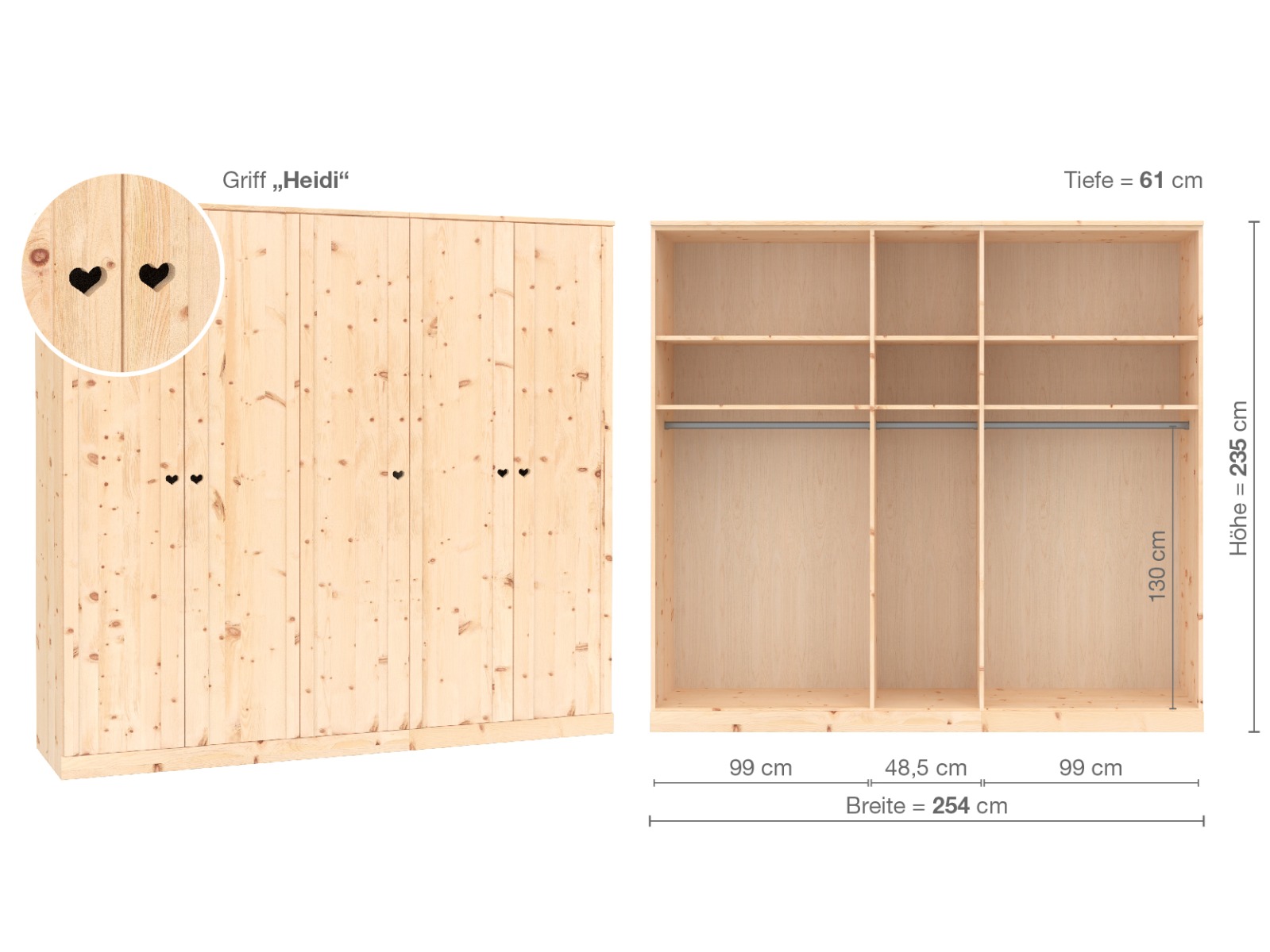 Zirbenschrank „Arnika“, 5-türig, Höhe 235 ​cm, Griffausführung „Heidi“, Inneneinrichtung  A