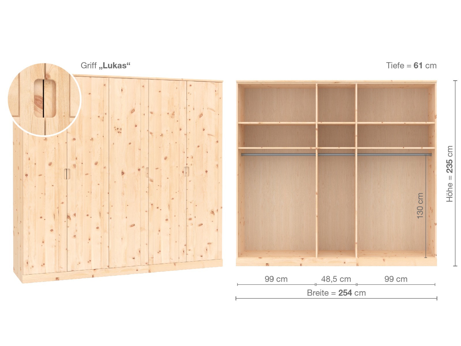 Zirbenschrank „Arnika“, 5-türig, Höhe 235 ​cm, Griffausführung „Lukas“, Inneneinrichtung  A