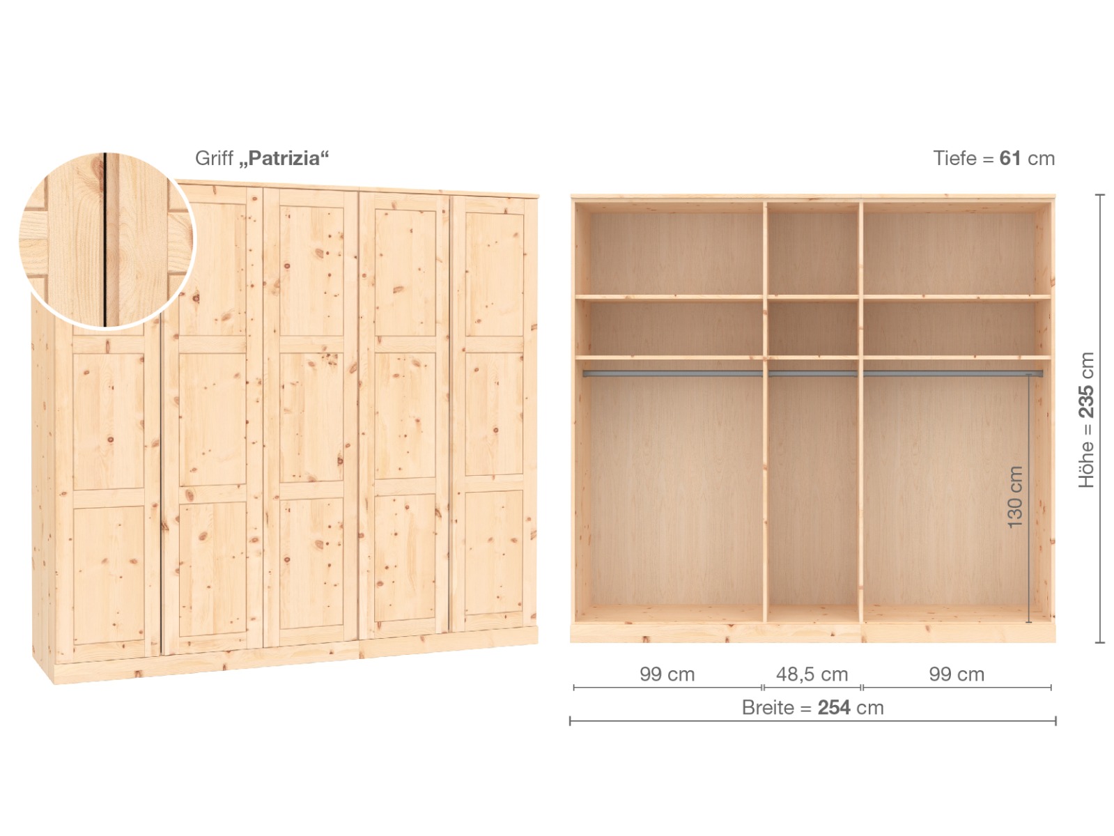 Zirbenschrank „Enzian“, 5-türig, Höhe 235 cm, Griffausführung „Patrizia“, Inneneinrichtung A