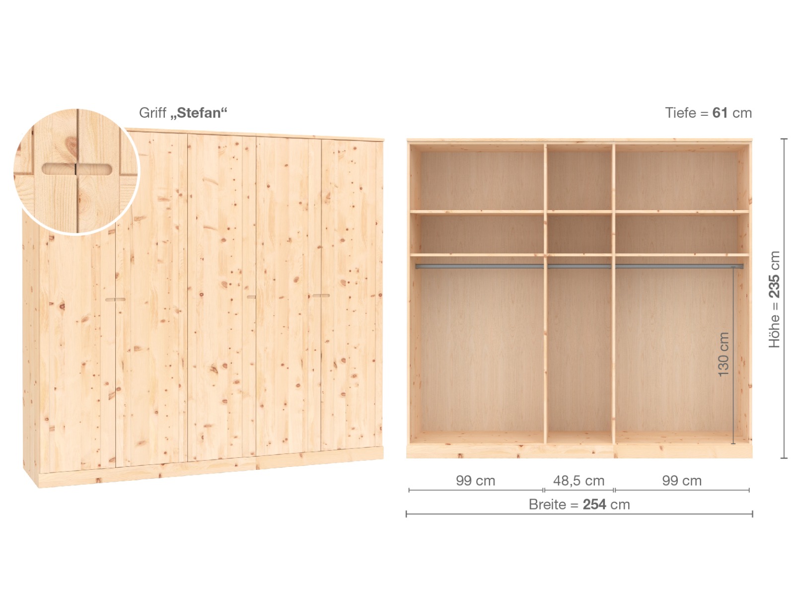 Zirbenschrank „Arnika“, 5-türig, Höhe 235 ​cm, Griffausführung „Stefan“, Inneneinrichtung A