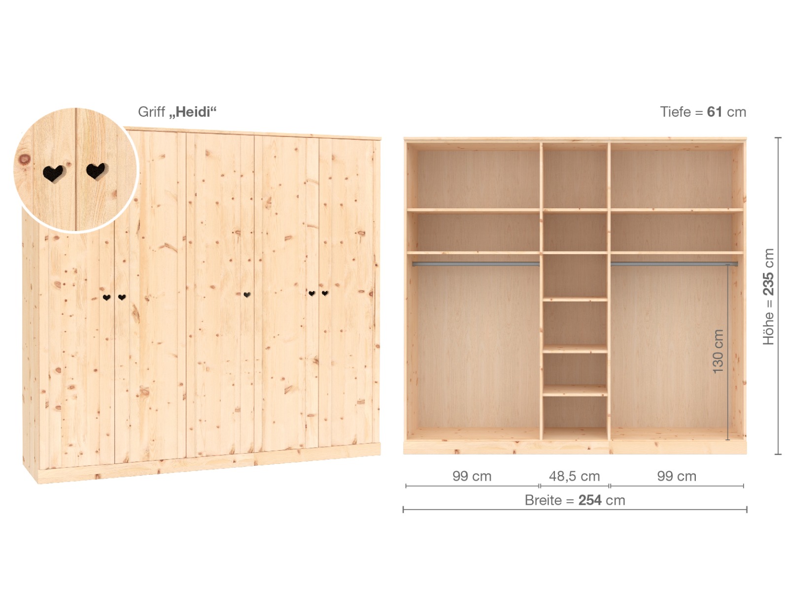 Zirbenschrank „Arnika“, 5-türig, Höhe 235 ​cm, Griffausführung „Heidi“, Inneneinrichtung  B