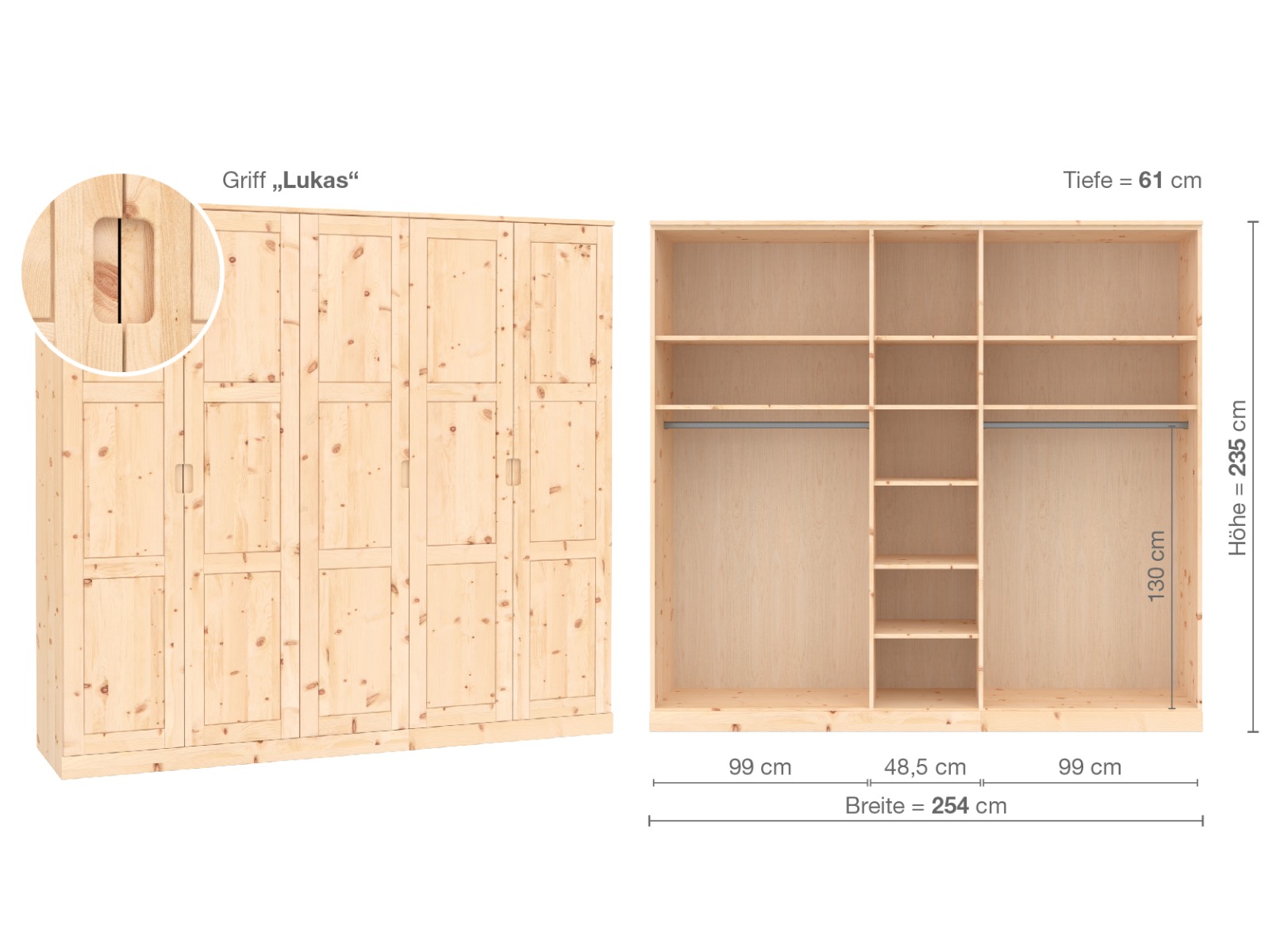 Zirbenschrank „Enzian“, 5-türig, Höhe 235 cm, Griffausführung „Lukas“, Inneneinrichtung B