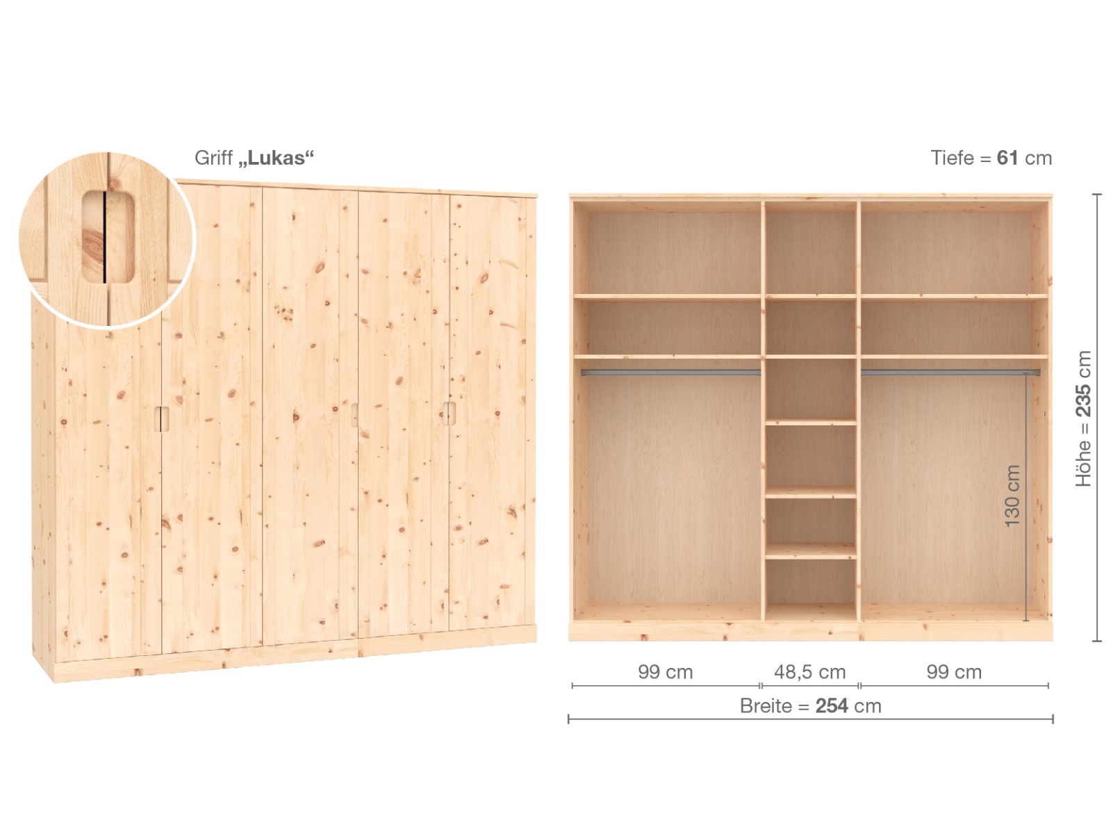 Zirbenschrank „Arnika“, 5-türig, Höhe 235 ​cm, Griffausführung „Lukas“, Inneneinrichtung  B